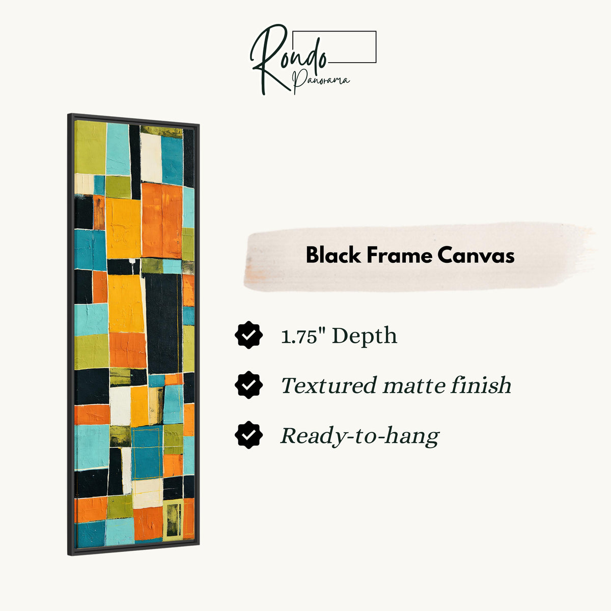 Bold mustard and teal patchwork blocks canvas print in a black floating frame