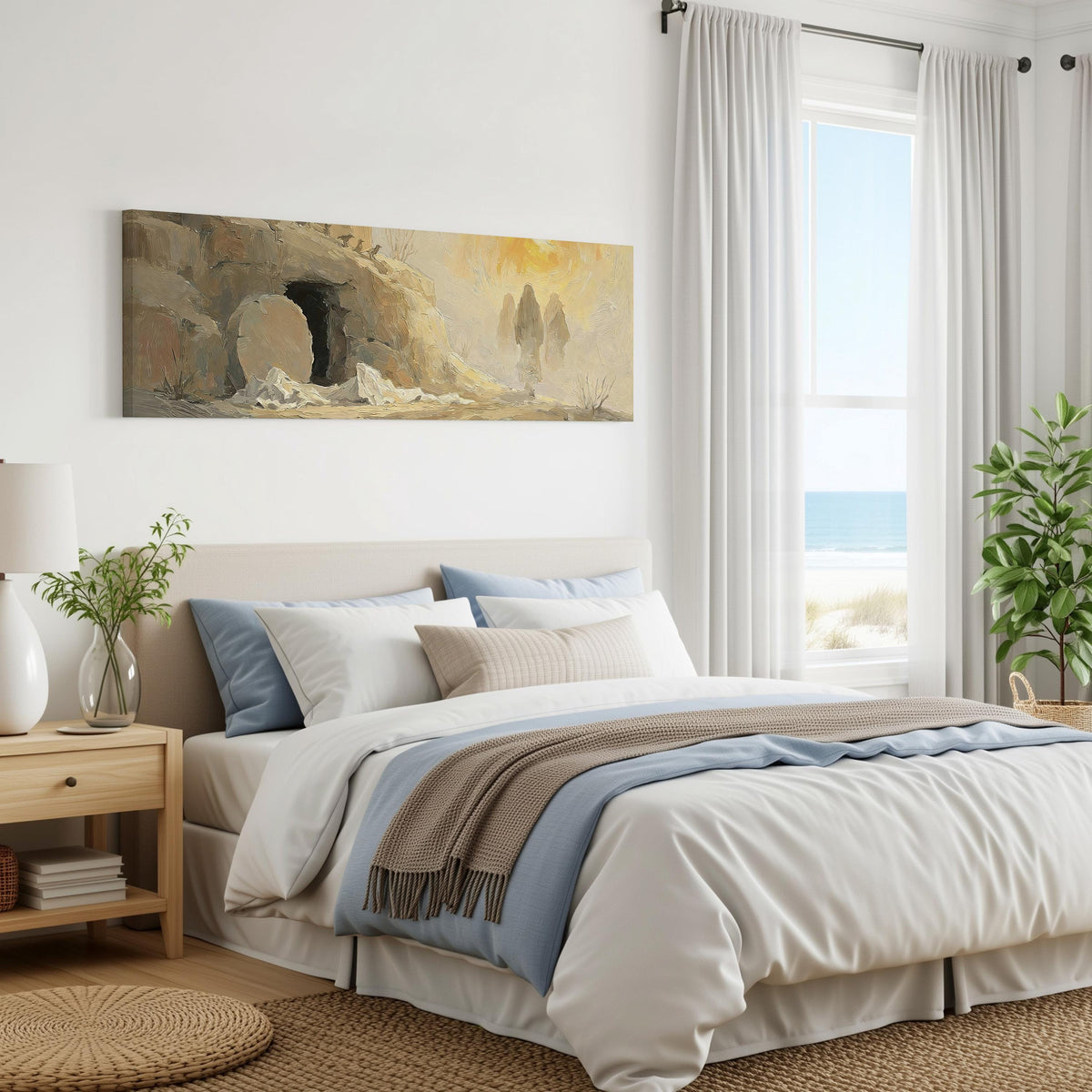 The empty tomb at sunrise panoramic canvas print above a bed in a coastal bedroom