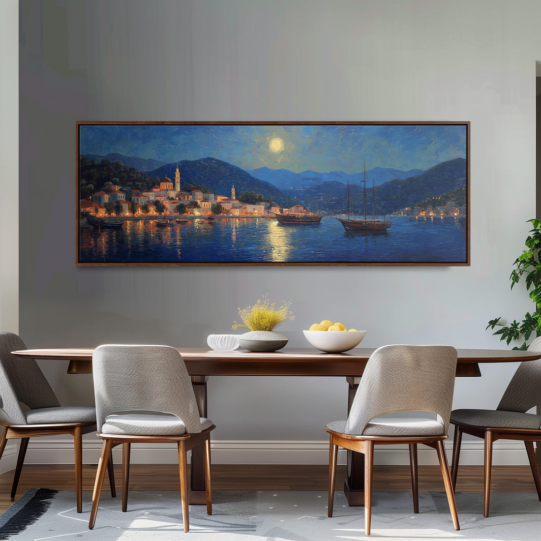 a large painting of a coastal town at night, with boats on the water and a moonlit sky. The painting is hung on a wall above a black and white checkered sofa, which is positioned in front of a stack of books.