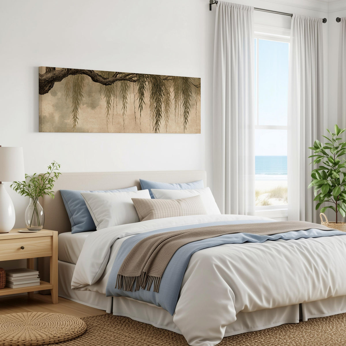 Hanging willow branches panoramic canvas print above a bed in a coastal bedroom