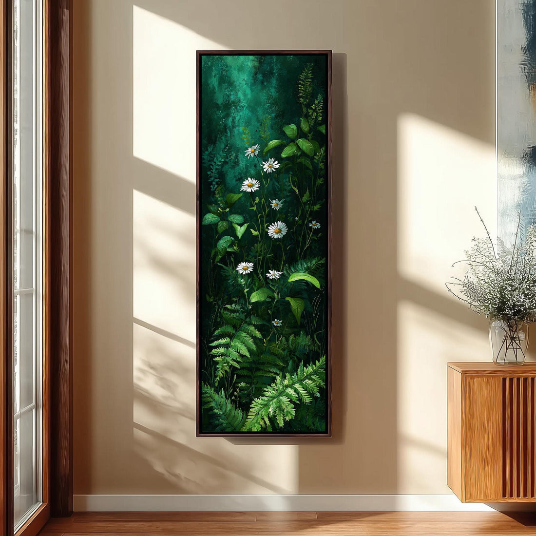 a large painting of a lush green forest with white flowers hanging on the wall of a hallway. The painting is framed and appears to be the focal point of the space.