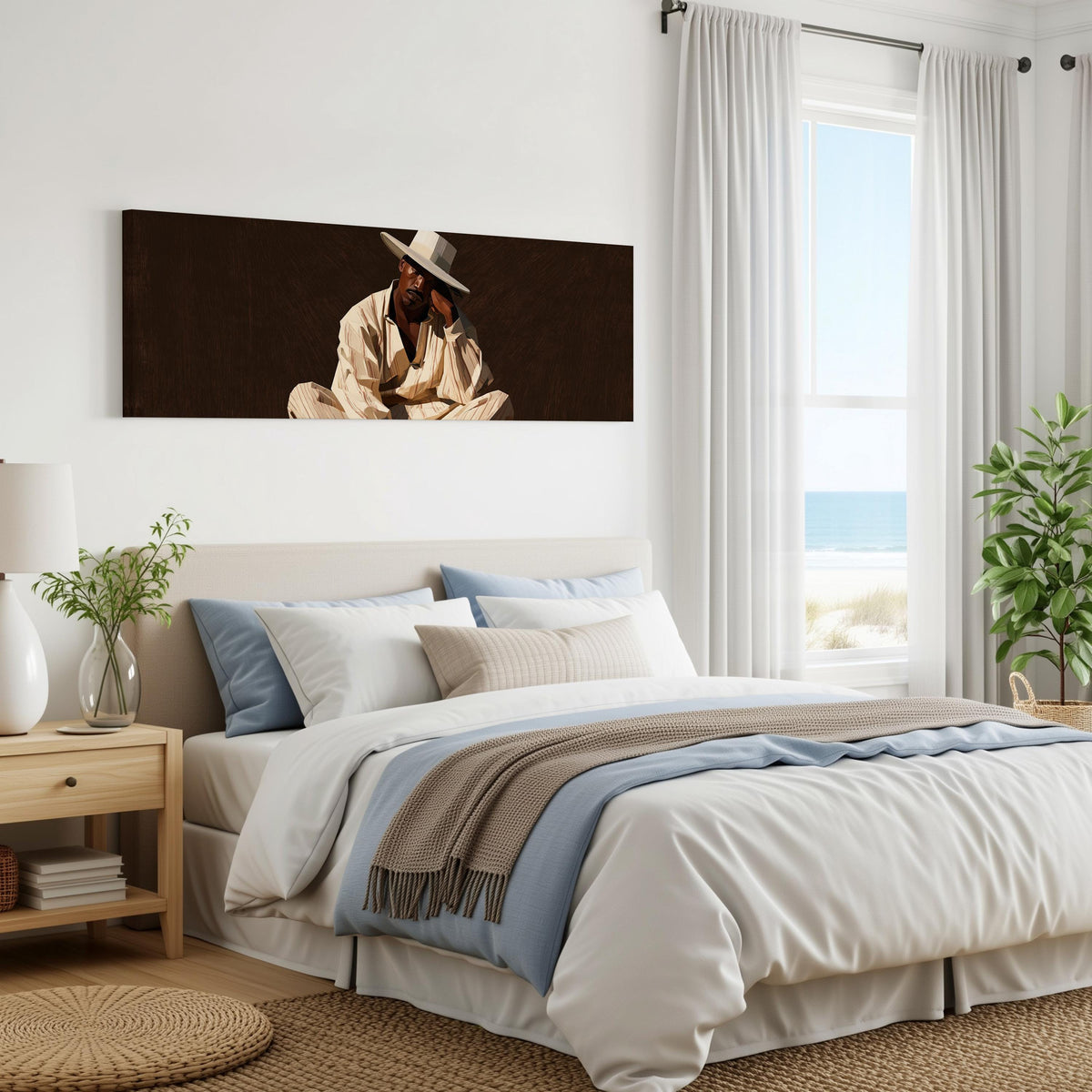 Pensive man in a white hat on brown panoramic canvas print above a bed in a coastal bedroom