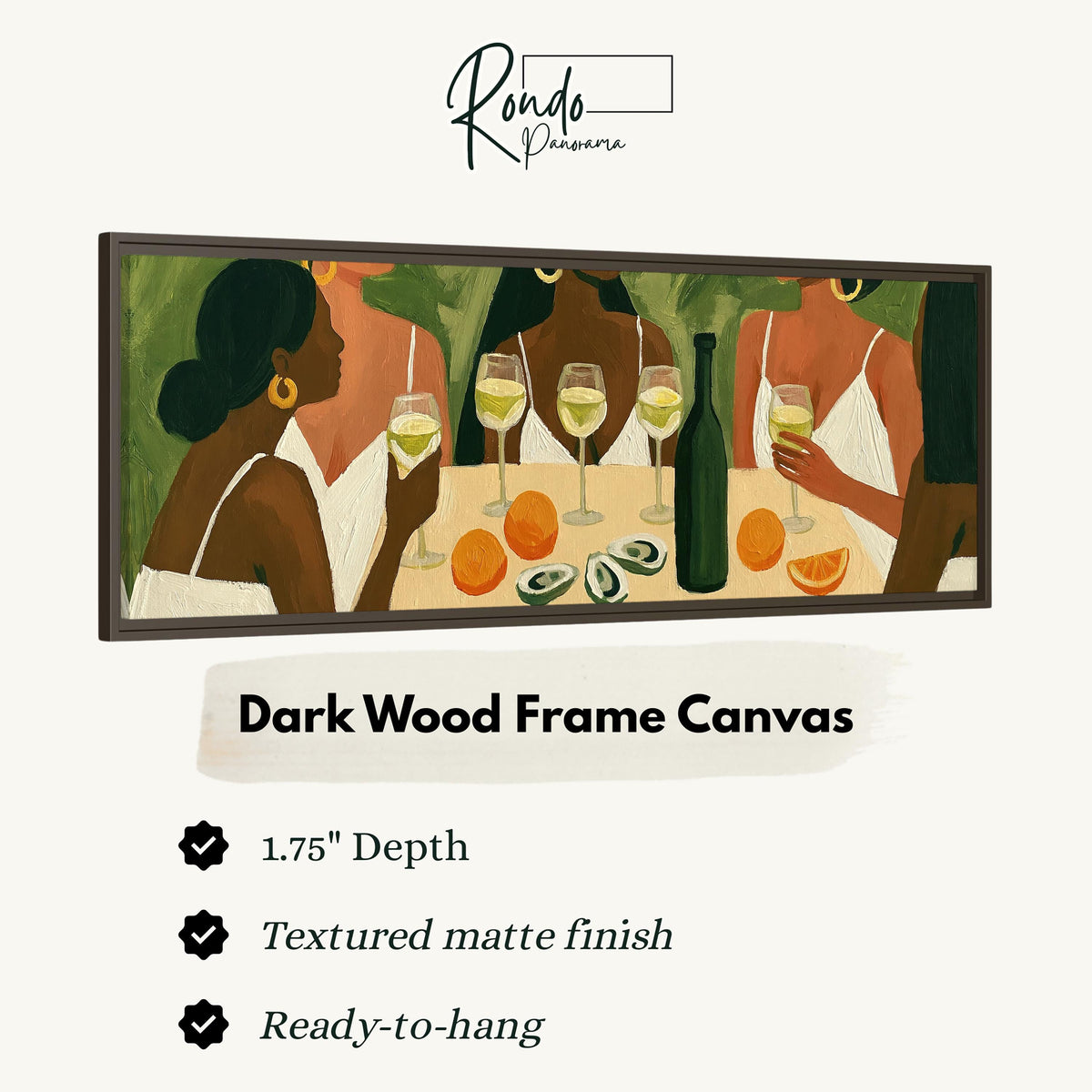 Friends toasting with white wine canvas print in a dark wood floating frame