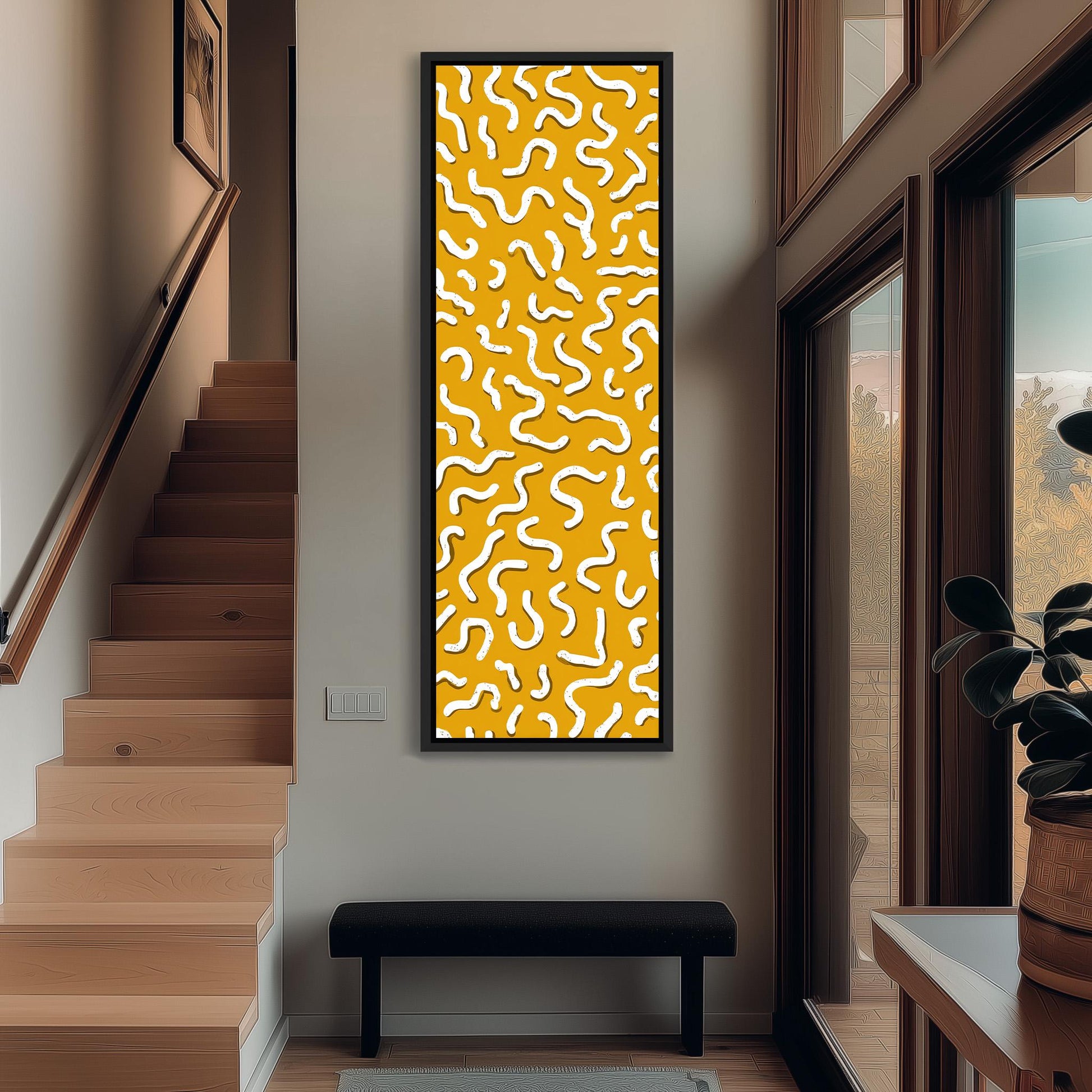 a modern hallway with a large abstract painting hanging on the wall, depicting a pattern of yellow and white swirls. The hallway has a wooden staircase and a bench, creating a cozy and inviting atmosphere.
