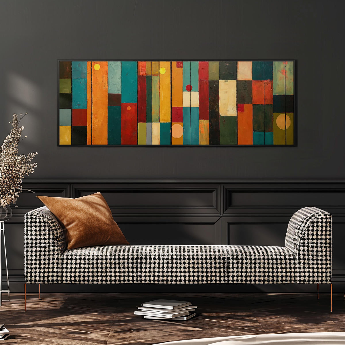 Color block panels with dots long horizontal canvas print above a dining table