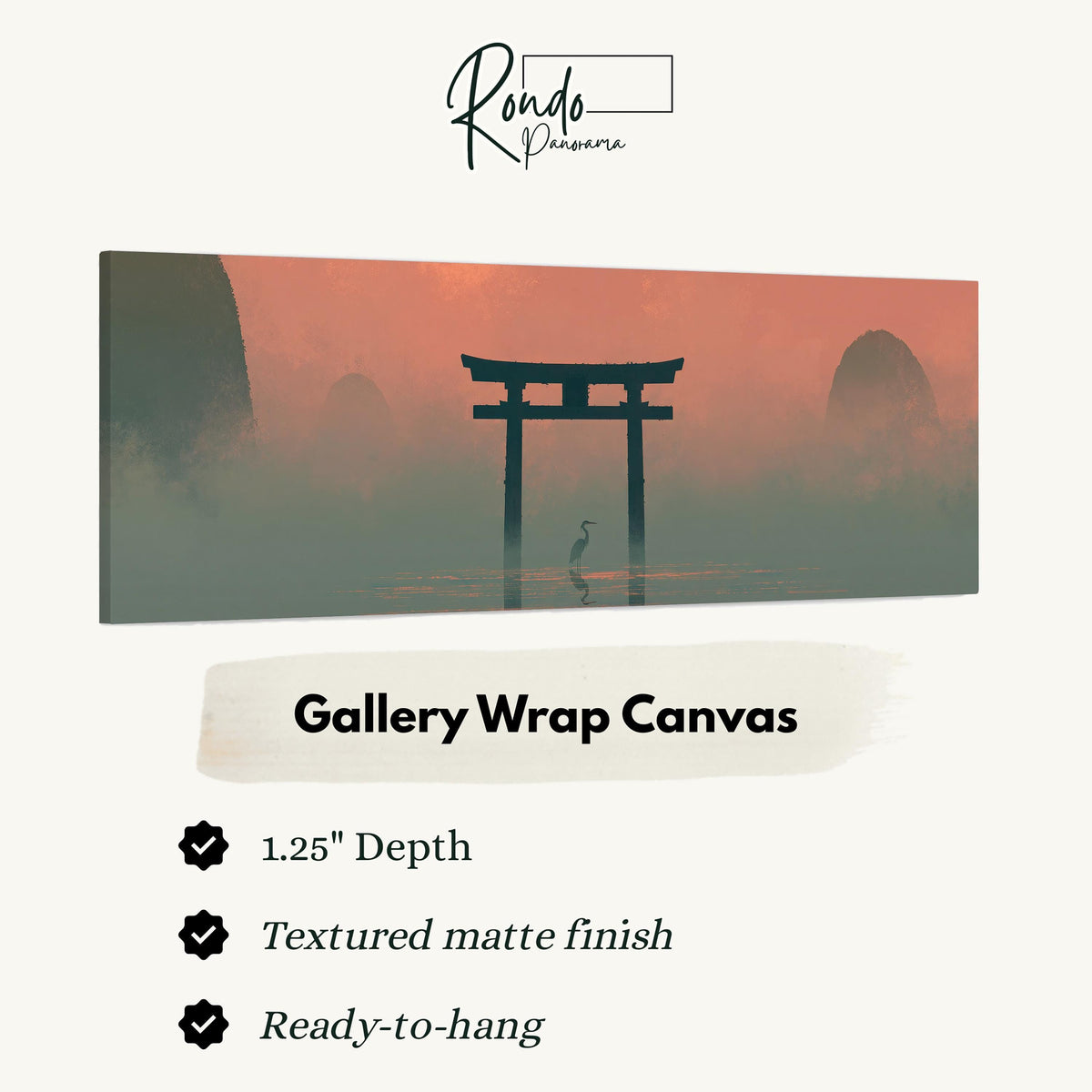 Torii gate and heron in pink mist gallery wrap canvas with the image wrapped around the edges