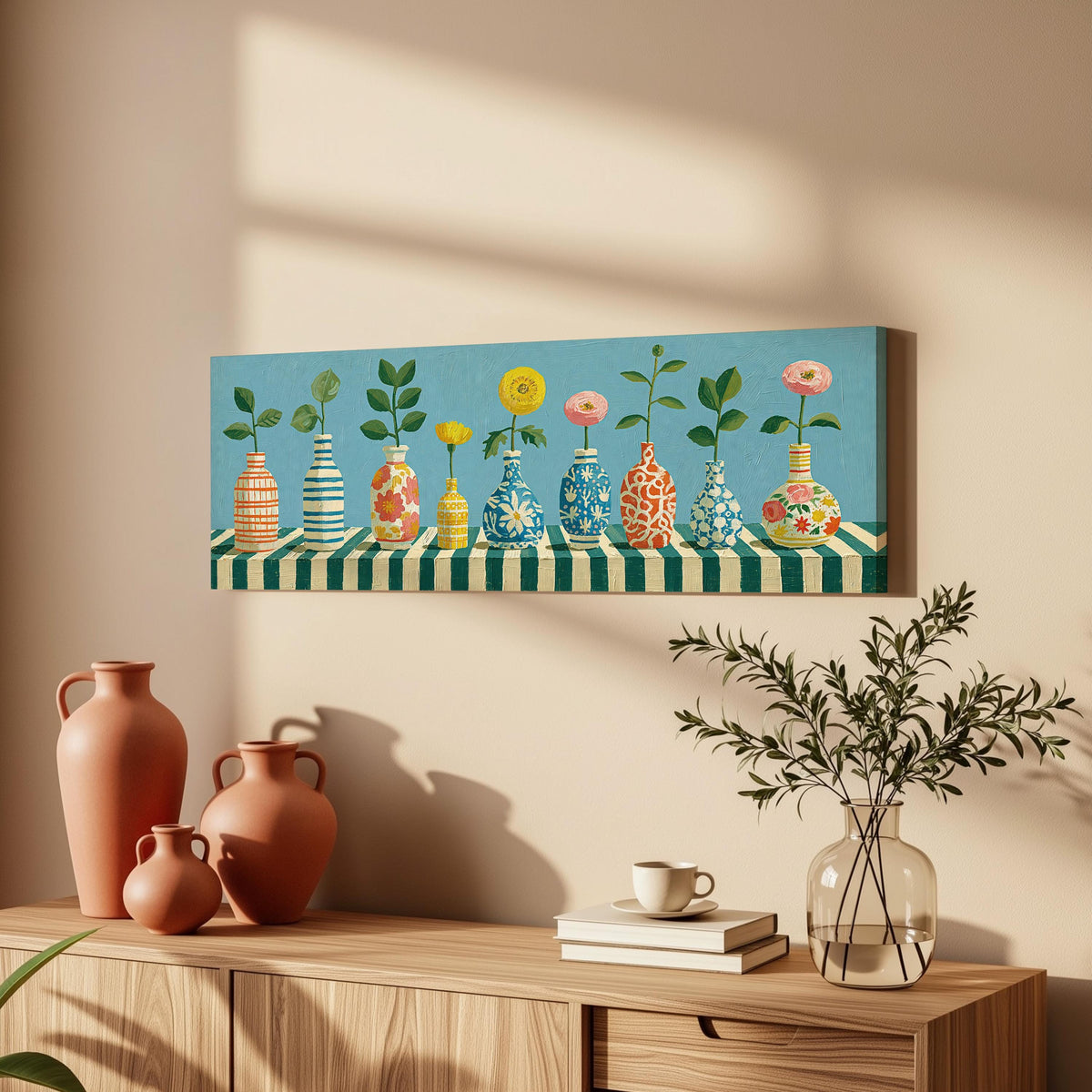 Row of striped vases with flowers long horizontal canvas print above a wooden sideboard