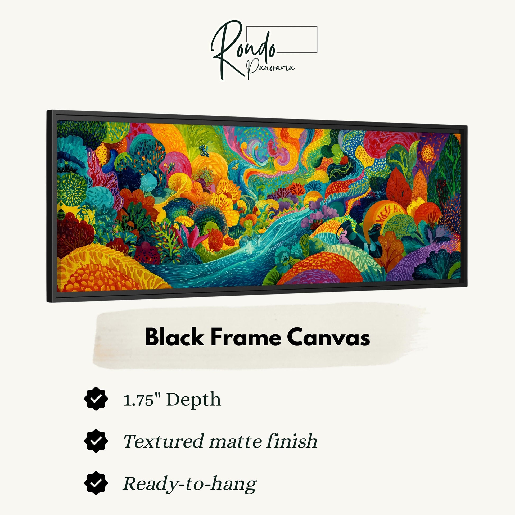 The image is a vibrant, colorful painting of a tropical landscape, featuring a variety of flora and fauna. The painting is framed in a black frame, and it is described as a "Black Frame Canvas" with a "1.75" depth and a "Textured matte finish". The painting is ready to hang and is described as a "Ready-to-hang" piece.