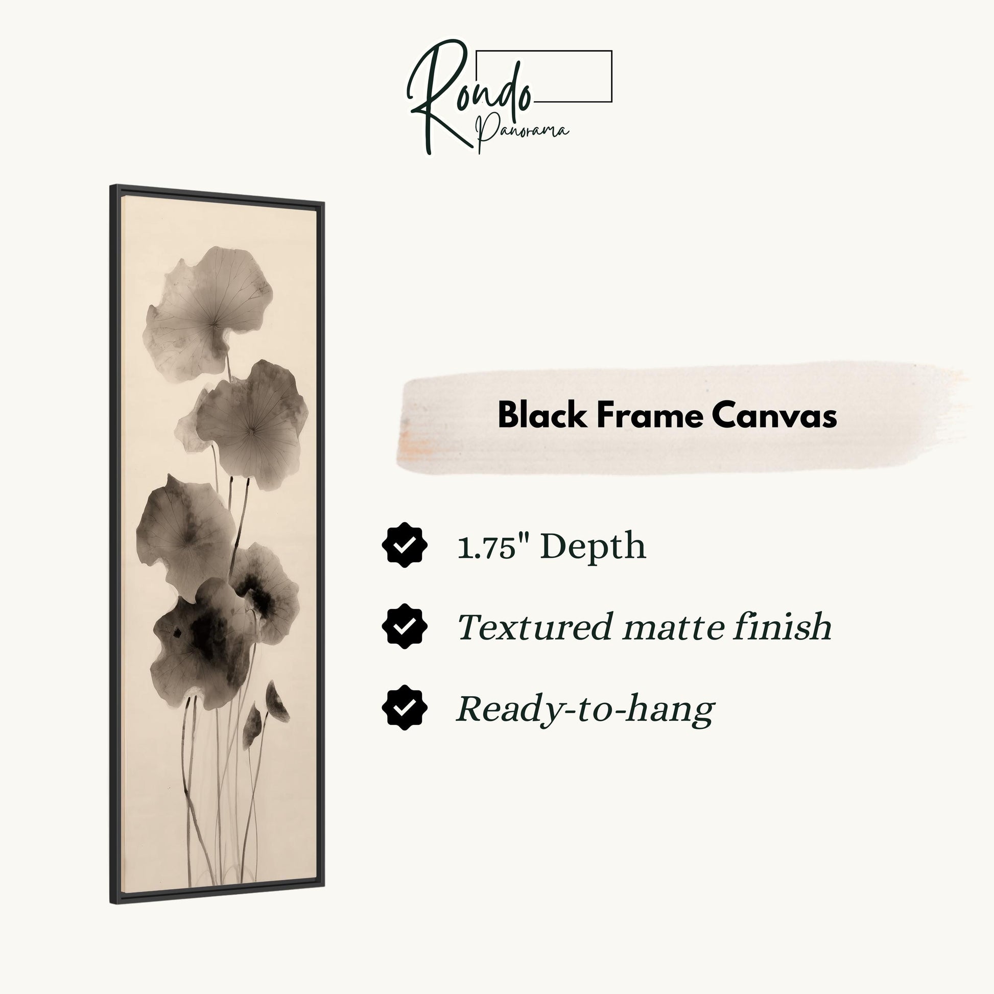 The image is a black and white portrait of a flower in a frame, with text providing information about the black frame canvas.