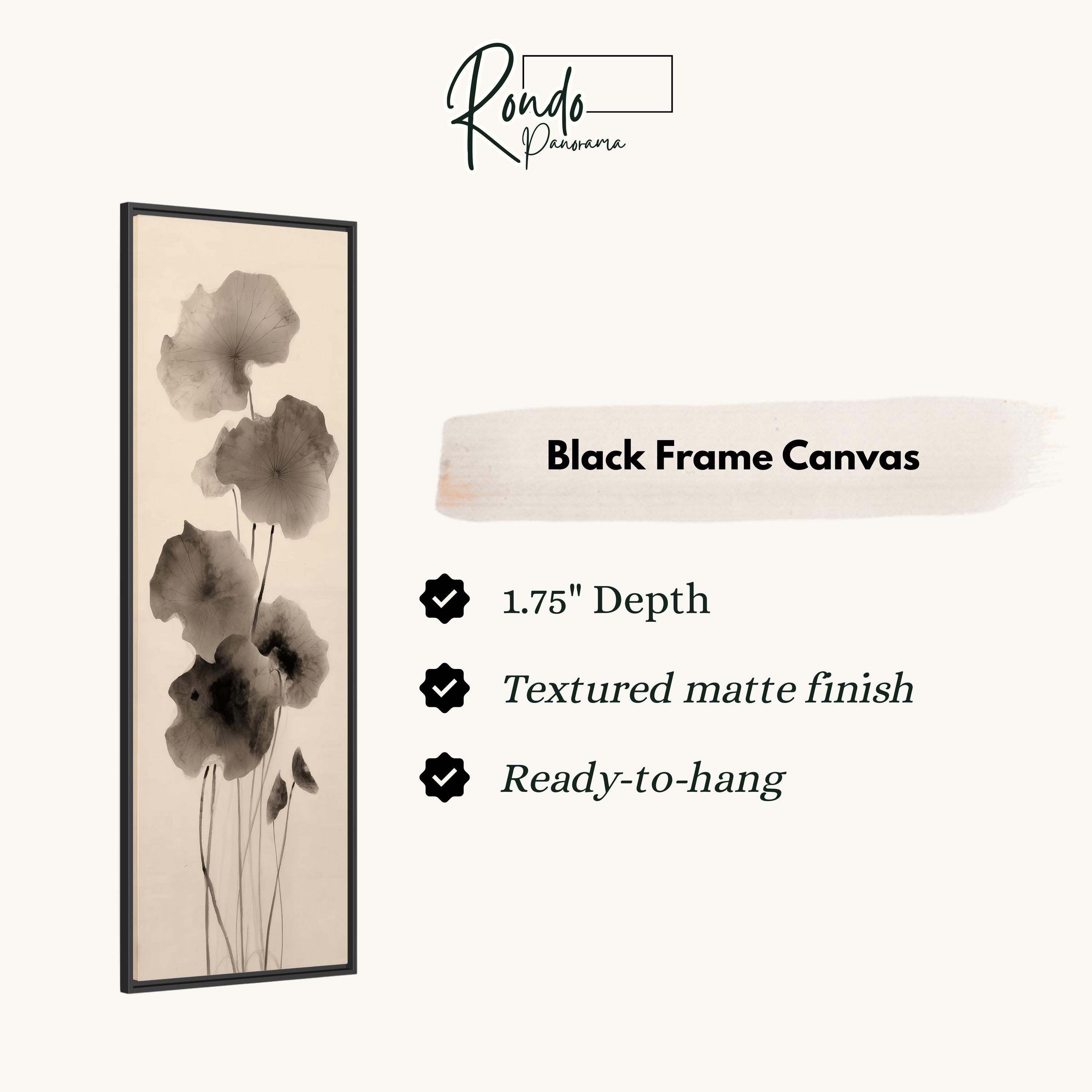 The image is a black and white portrait of a flower in a frame, with text providing information about the black frame canvas.