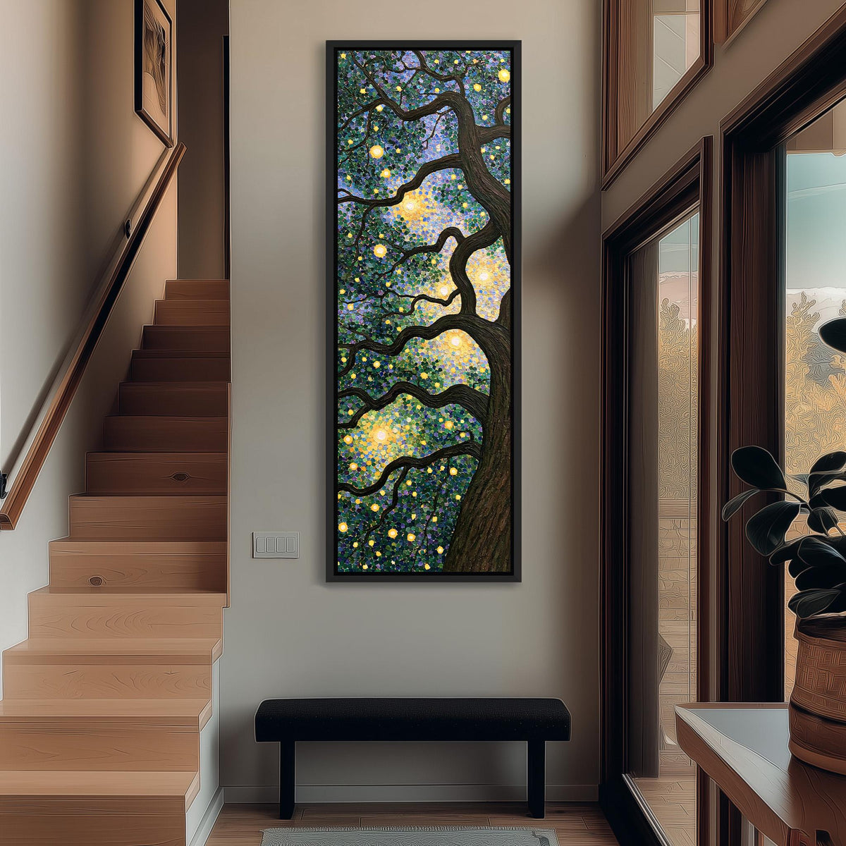 Tree canopy twinkling with golden lights long vertical canvas print in a sunlit living space