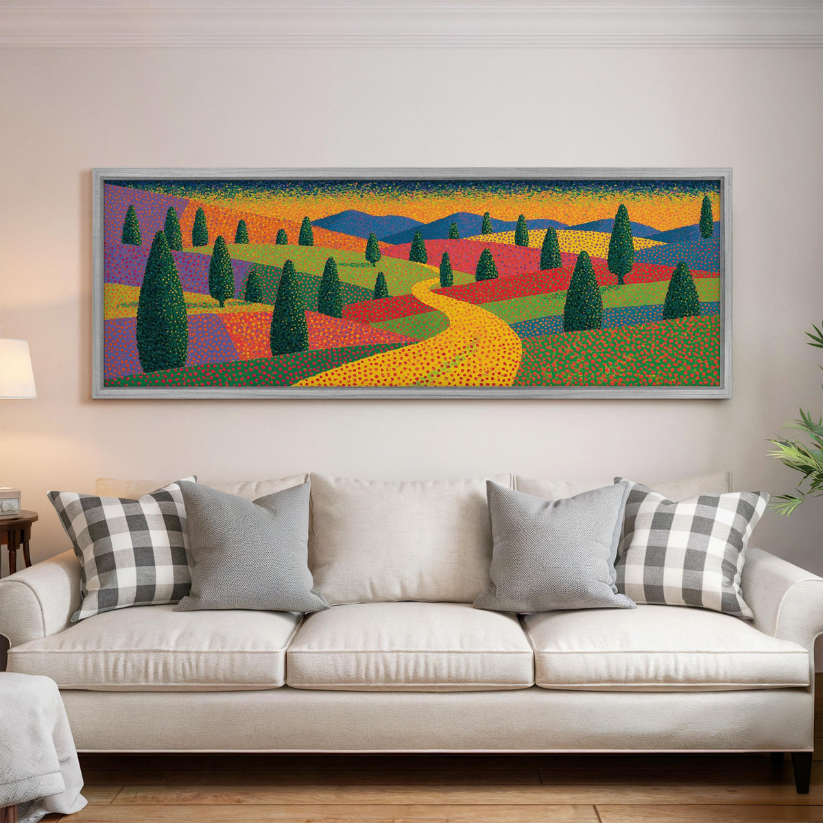 Cypress valley with a winding road panoramic canvas print above a white sofa in a bright living room