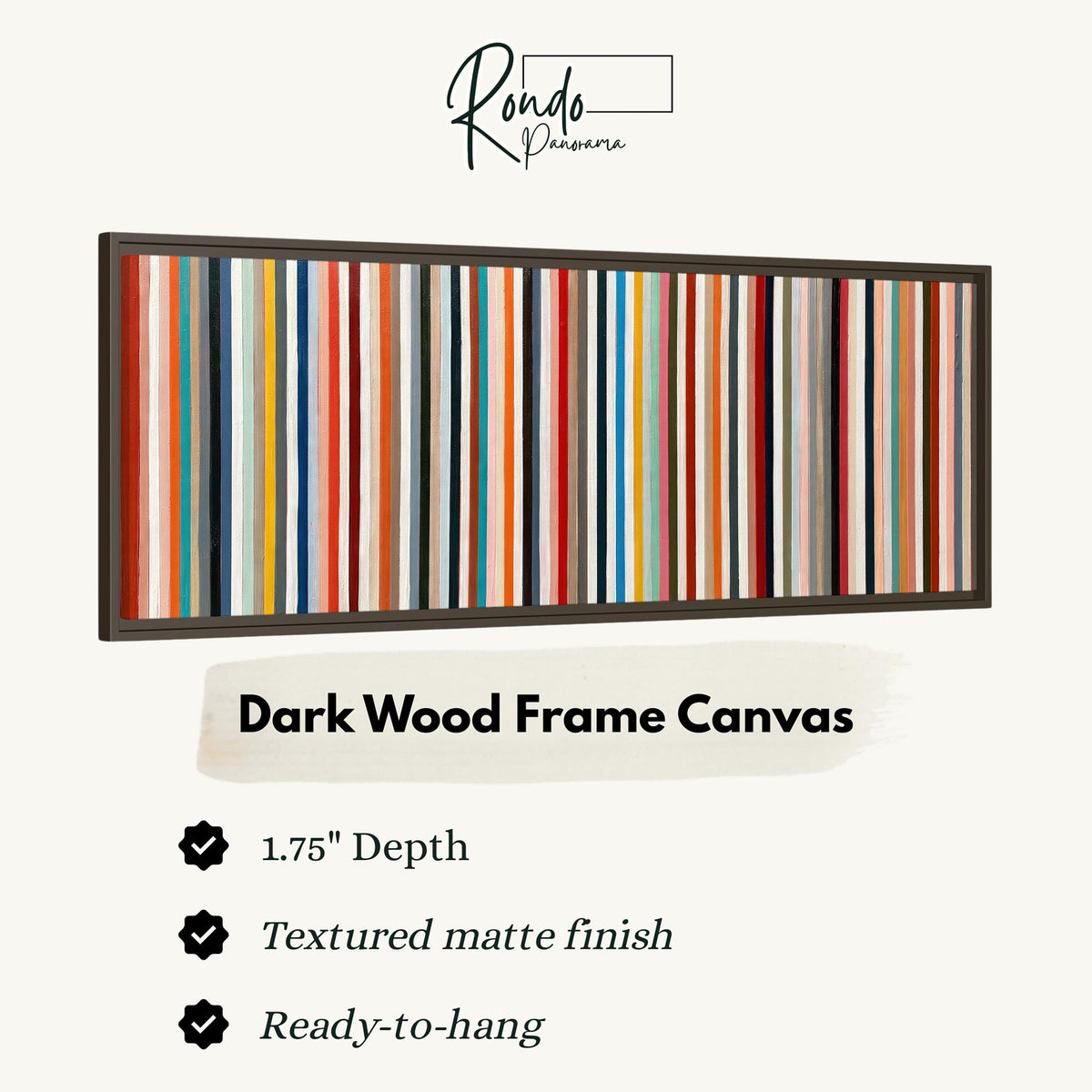 Rainbow pinstripes canvas print in a dark wood floating frame