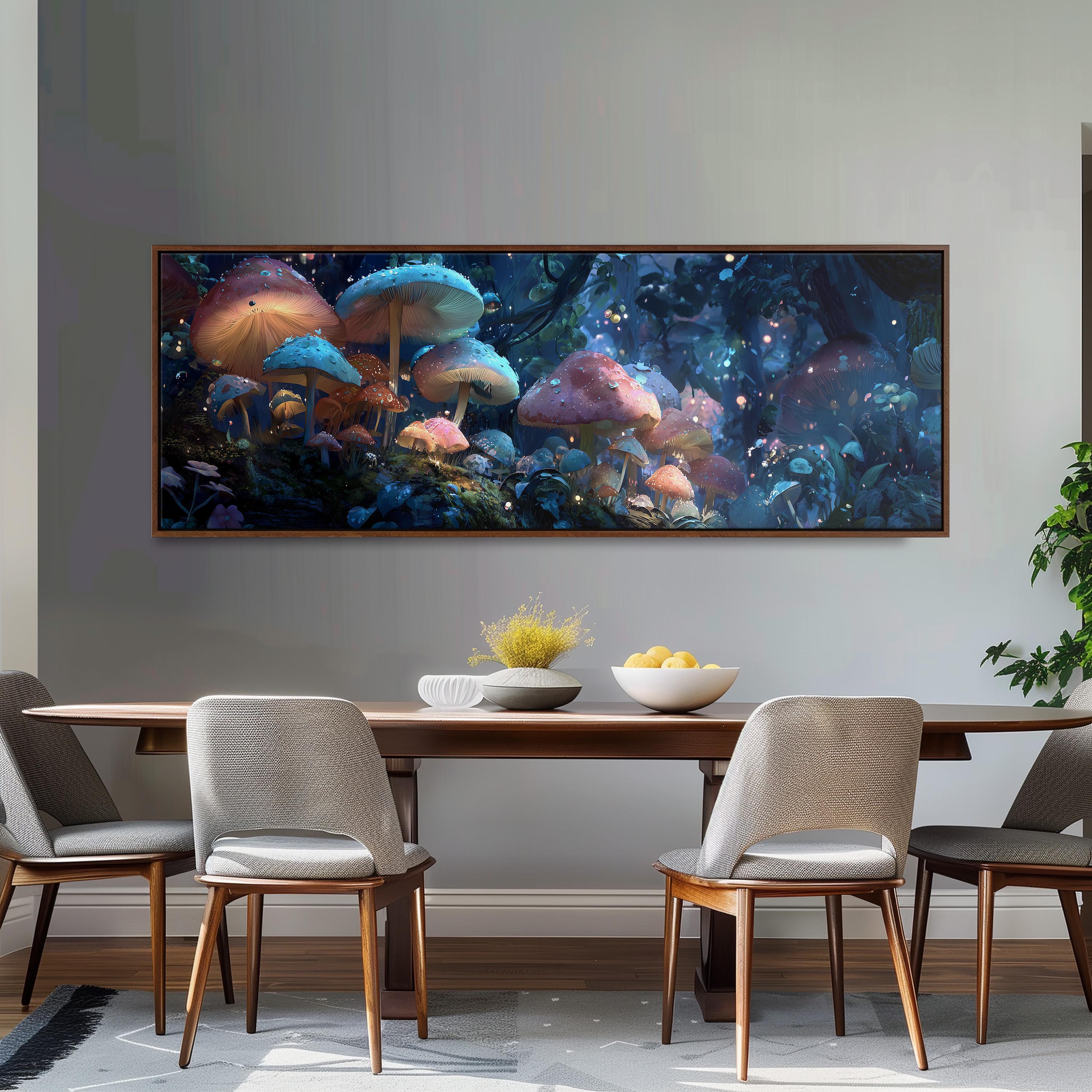 a large, colorful painting of mushrooms hanging on a wall above a wooden dining table with four chairs.