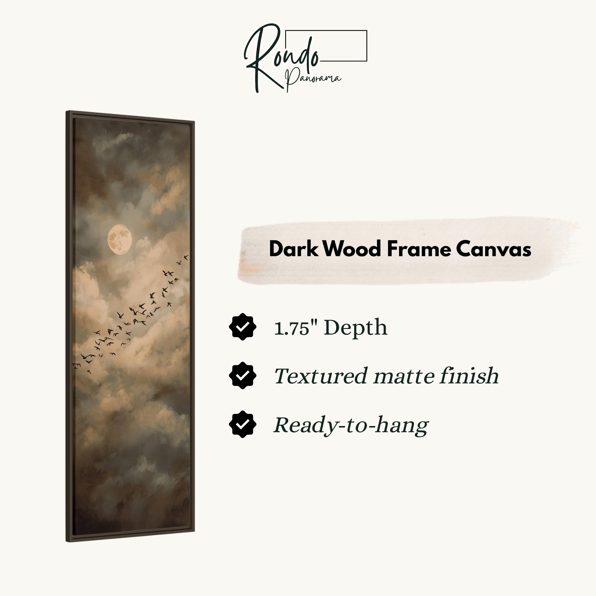 The image is a dark wood frame canvas depicting a flock of birds flying in the sky.