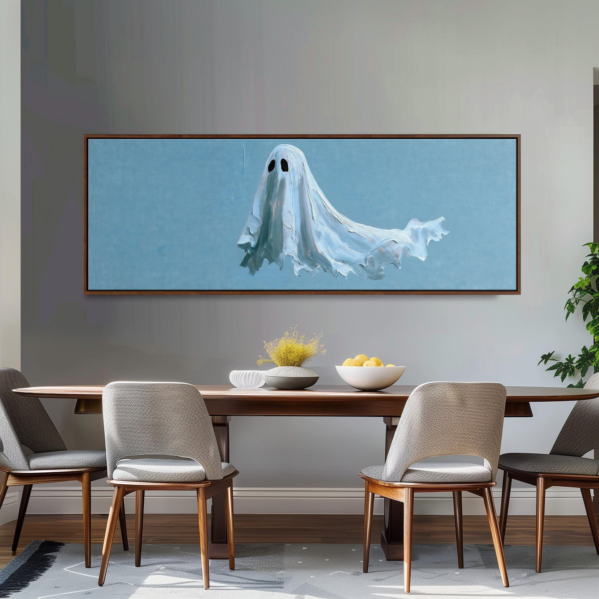 Floating ghost on blue long horizontal canvas print above a dining table