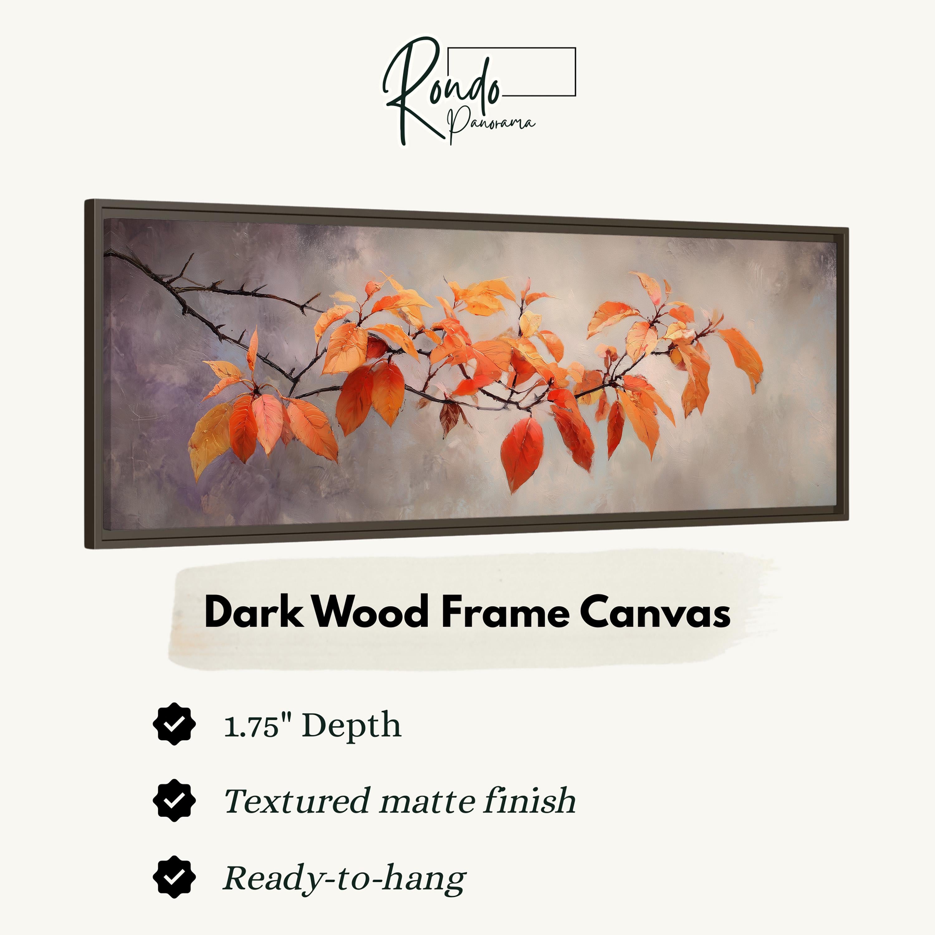The image is a framed artwork depicting a branch with orange leaves, and it is described as a "Dark Wood Frame Canvas" with a 1.75" depth, a textured matte finish, and a ready-to-hang feature.