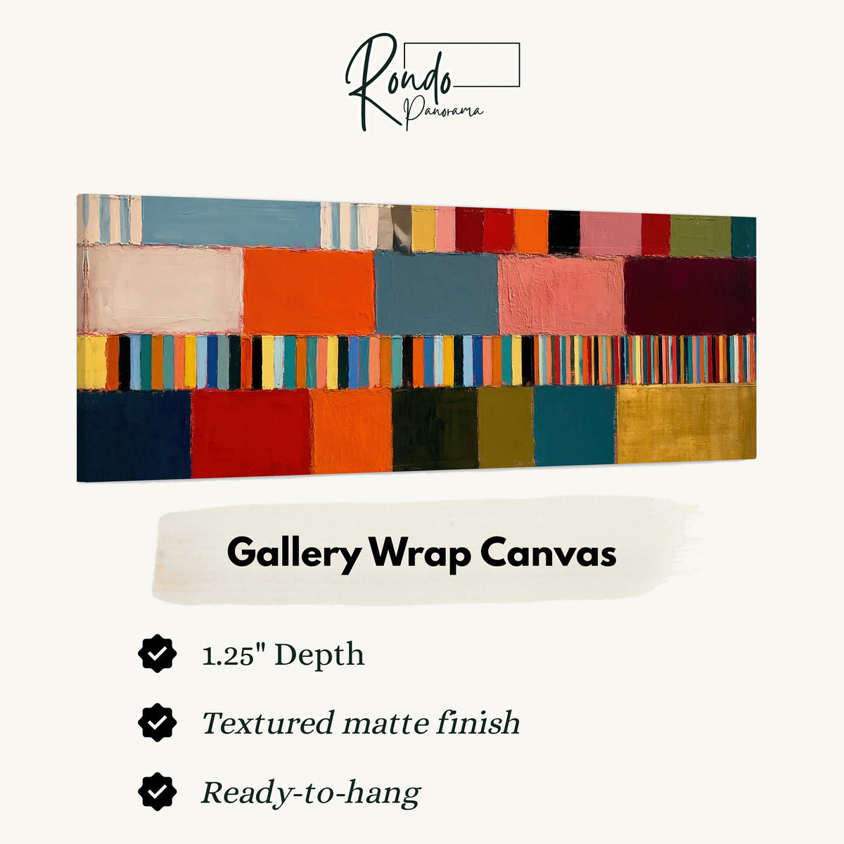 Rainbow patchwork color bands gallery wrap canvas with the image wrapped around the edges