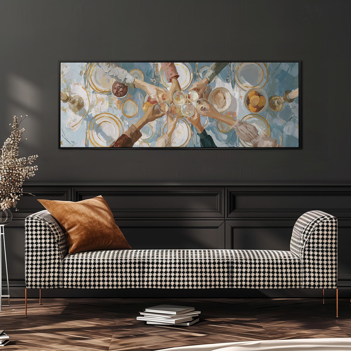 Elegant wine toast over a linen table wide panoramic canvas print above a bench in a dark living room