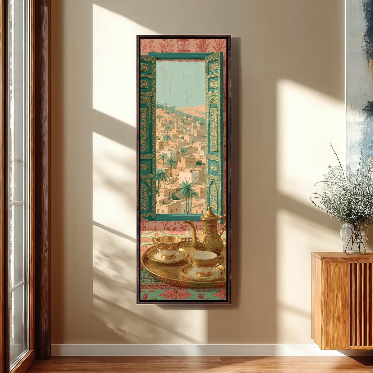 Moroccan tea set by an ornate window tall skinny canvas print in a sunlit living space