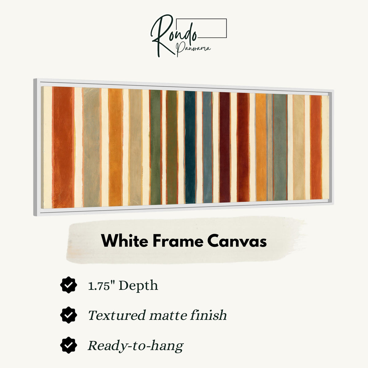 Rust, sage, maroon and teal stripes canvas print in a white floating frame