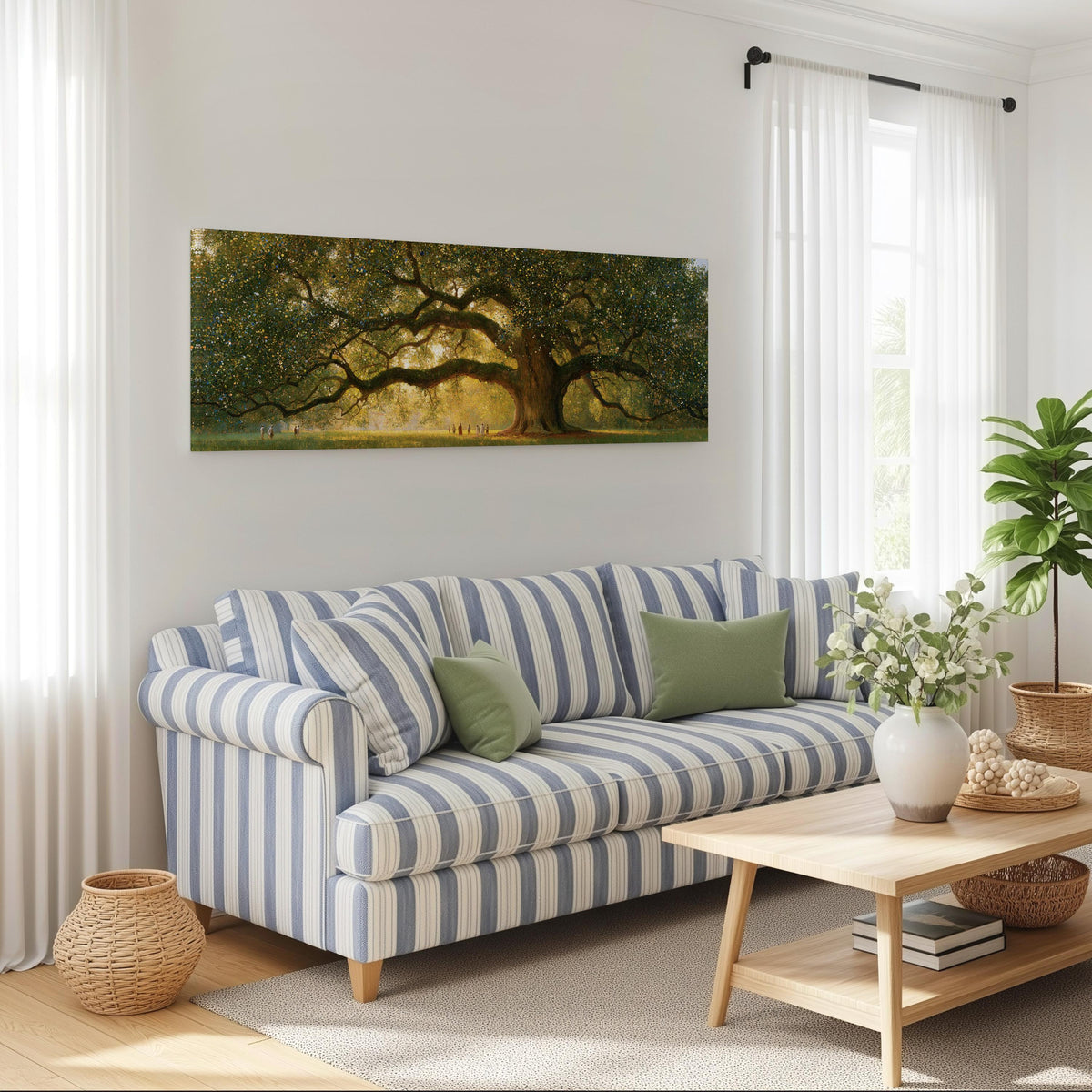 Golden oak tree in a park long horizontal canvas print above a striped sofa in a coastal living room