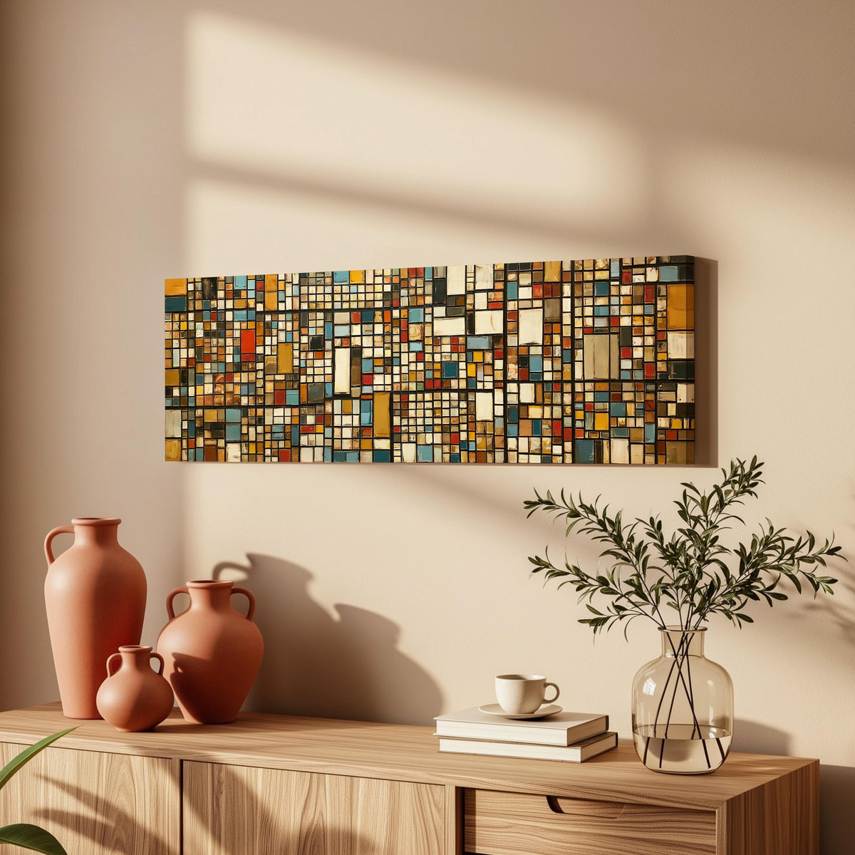Ochre and blue mosaic tiles with red accents long horizontal canvas print above a wooden sideboard