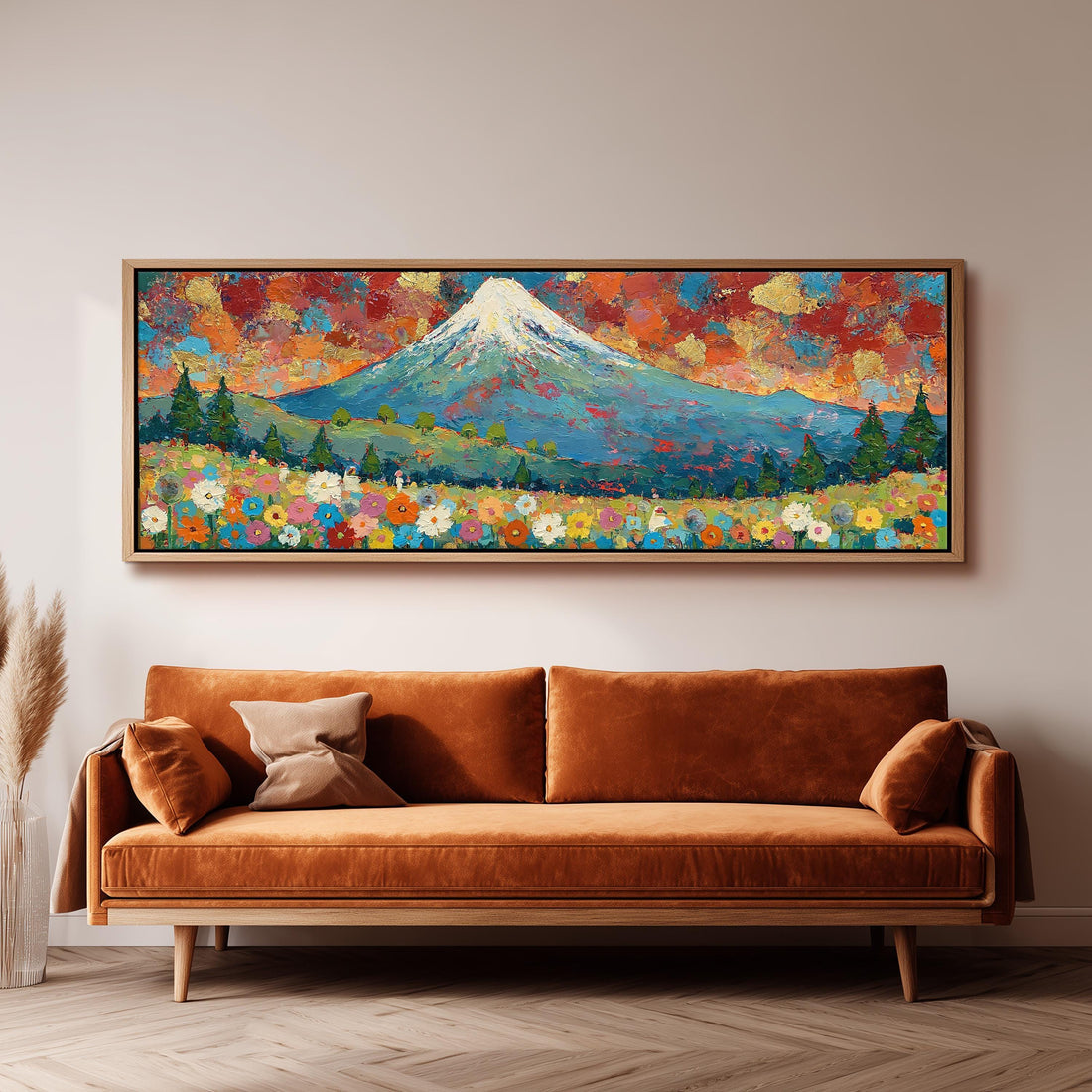Mount Fuji above autumn trees and wildflowers long horizontal canvas print above a sofa in a living room
