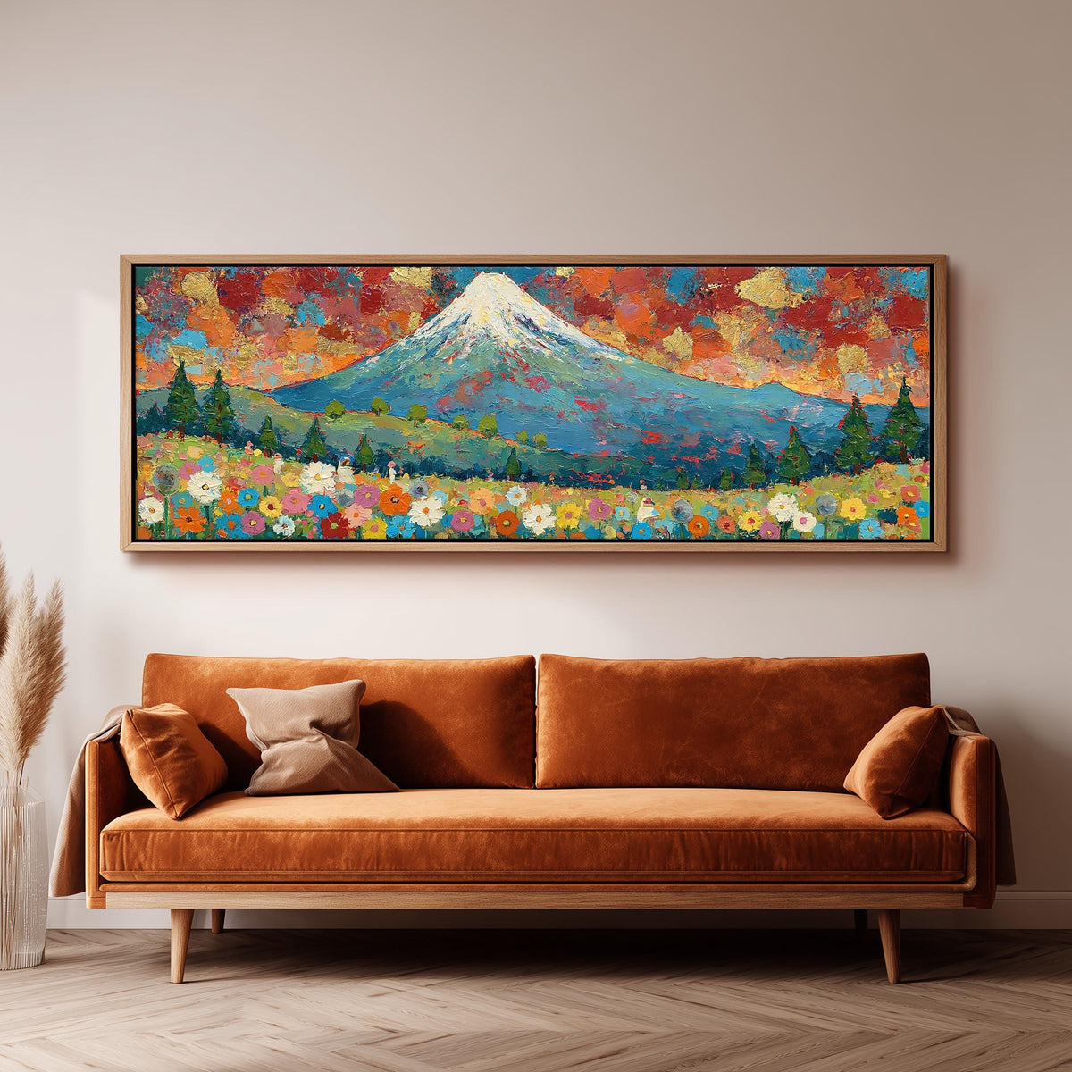 Mount Fuji above autumn trees and wildflowers panoramic canvas print above a sofa in a living room