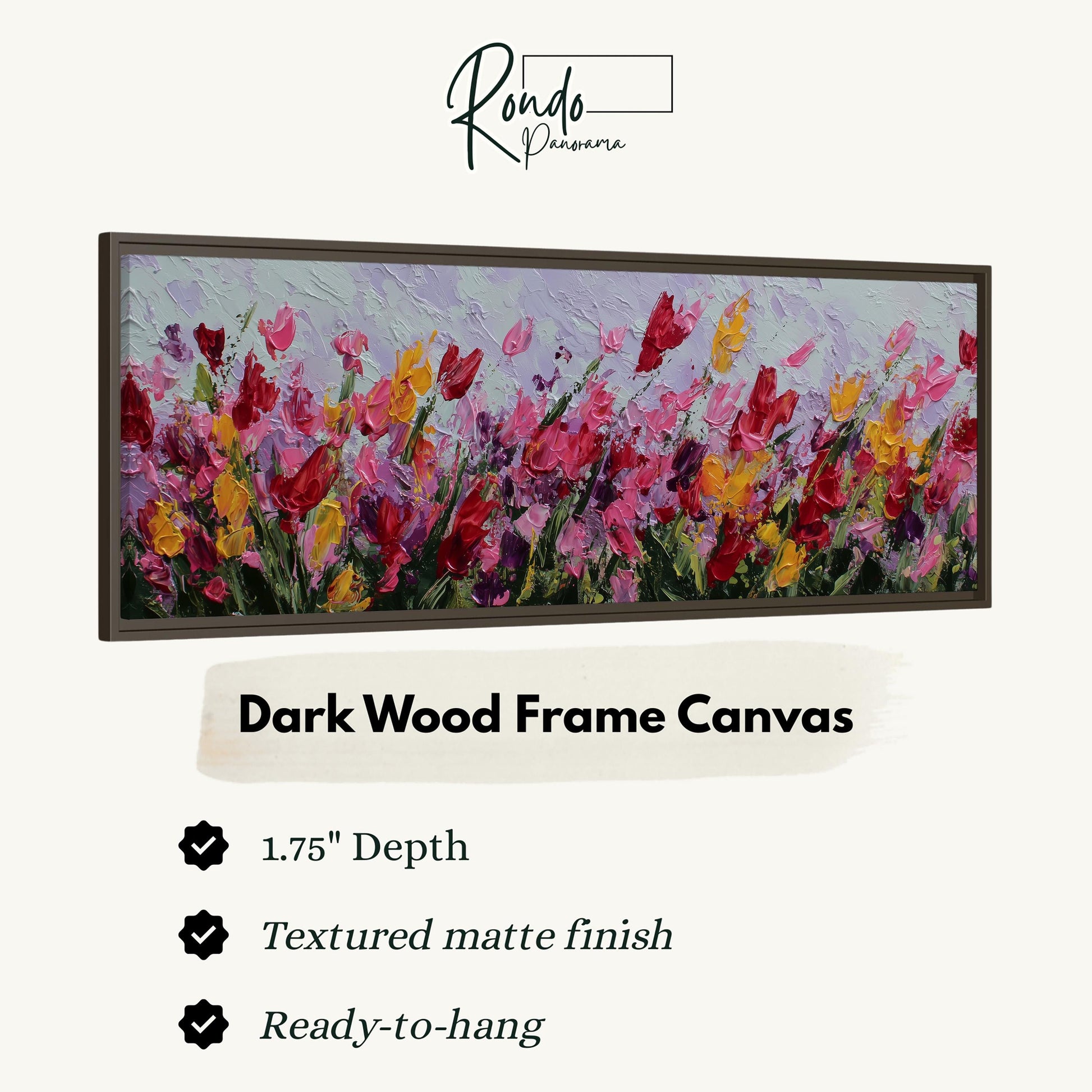The image is a framed artwork depicting a field of colorful flowers, specifically tulips, with a dark wood frame.