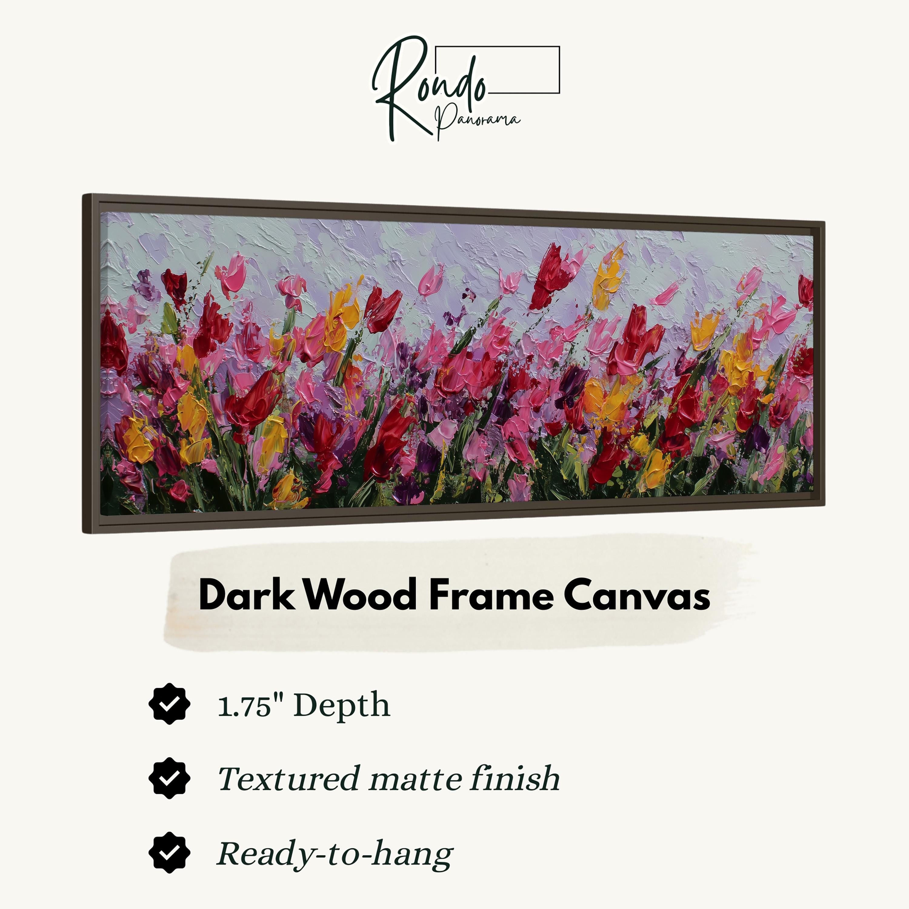The image is a framed artwork depicting a field of colorful flowers, specifically tulips, with a dark wood frame.