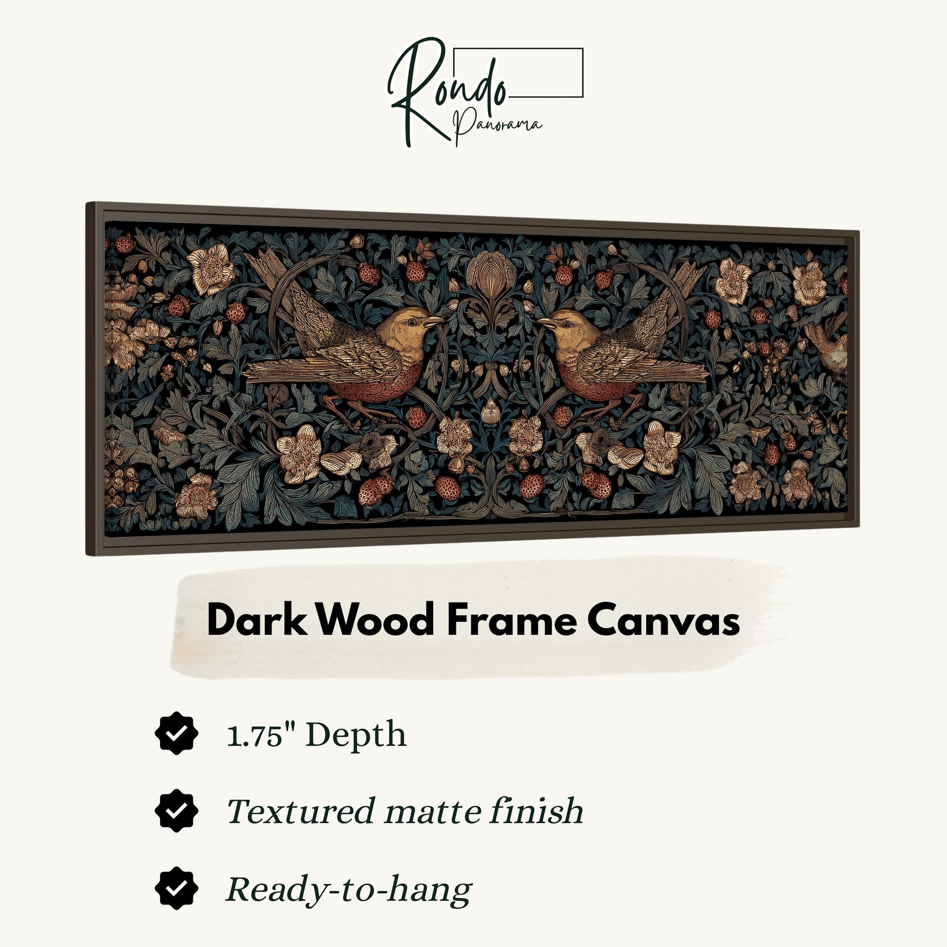 The image is a dark wood frame canvas featuring a detailed illustration of two birds perched on branches with flowers. The frame has a 1.75" depth and is textured with a matte finish. It is ready to hang and is described as a "Dark Wood Frame Canvas".