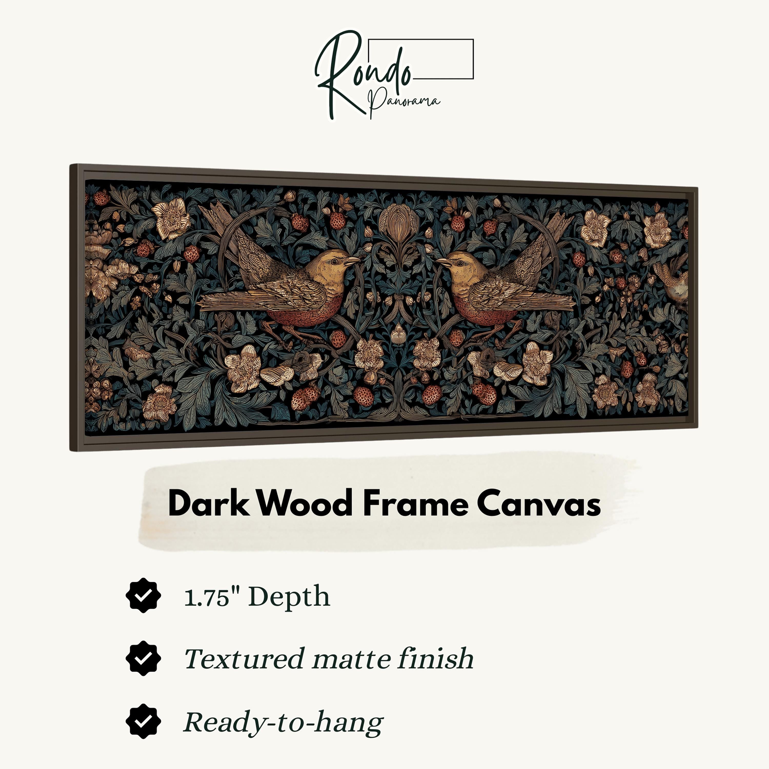 The image is a dark wood frame canvas featuring a detailed illustration of two birds perched on branches with flowers. The frame has a 1.75" depth and is textured with a matte finish. It is ready to hang and is described as a "Dark Wood Frame Canvas".