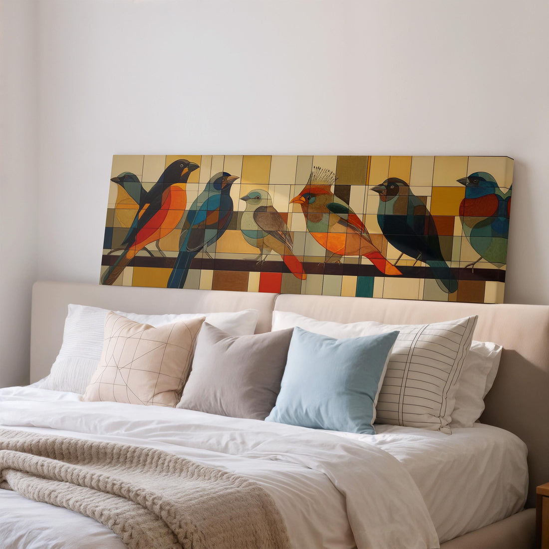 a large, colorful painting of birds displayed on a wall above a brown sofa.