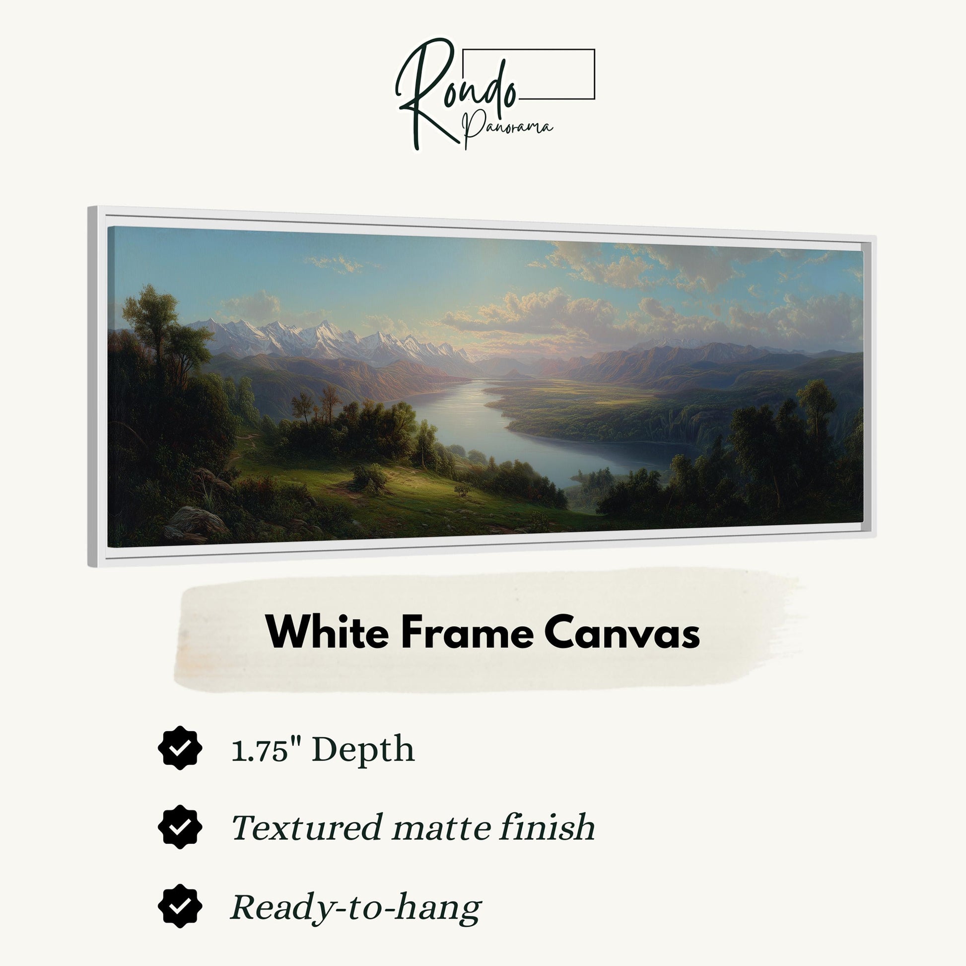 The image is a white frame canvas depicting a scenic landscape with mountains, trees, and a river.