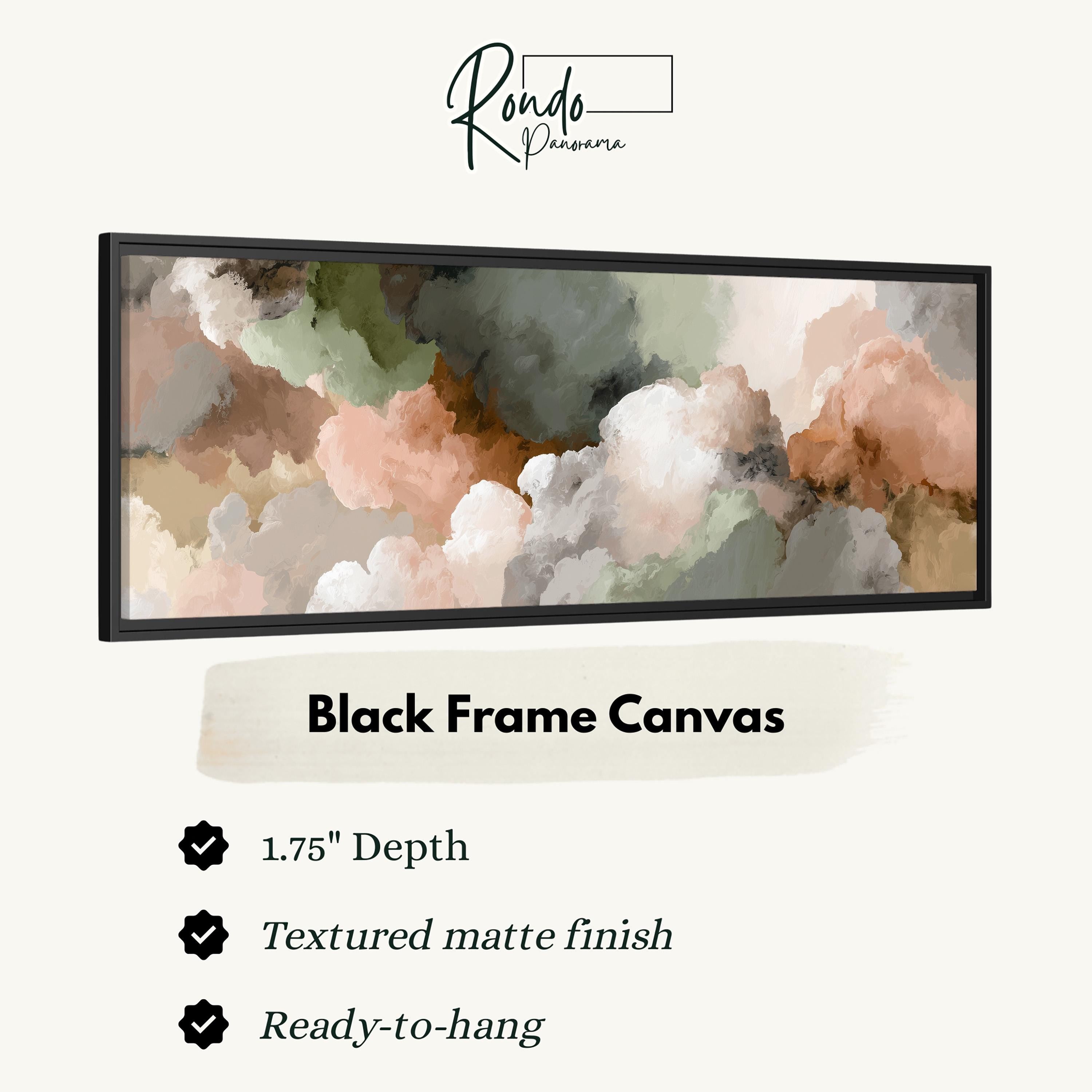 The image is a black frame canvas with a textured matte finish, measuring 1.75" in depth. It is ready to hang and has a textured matte finish.