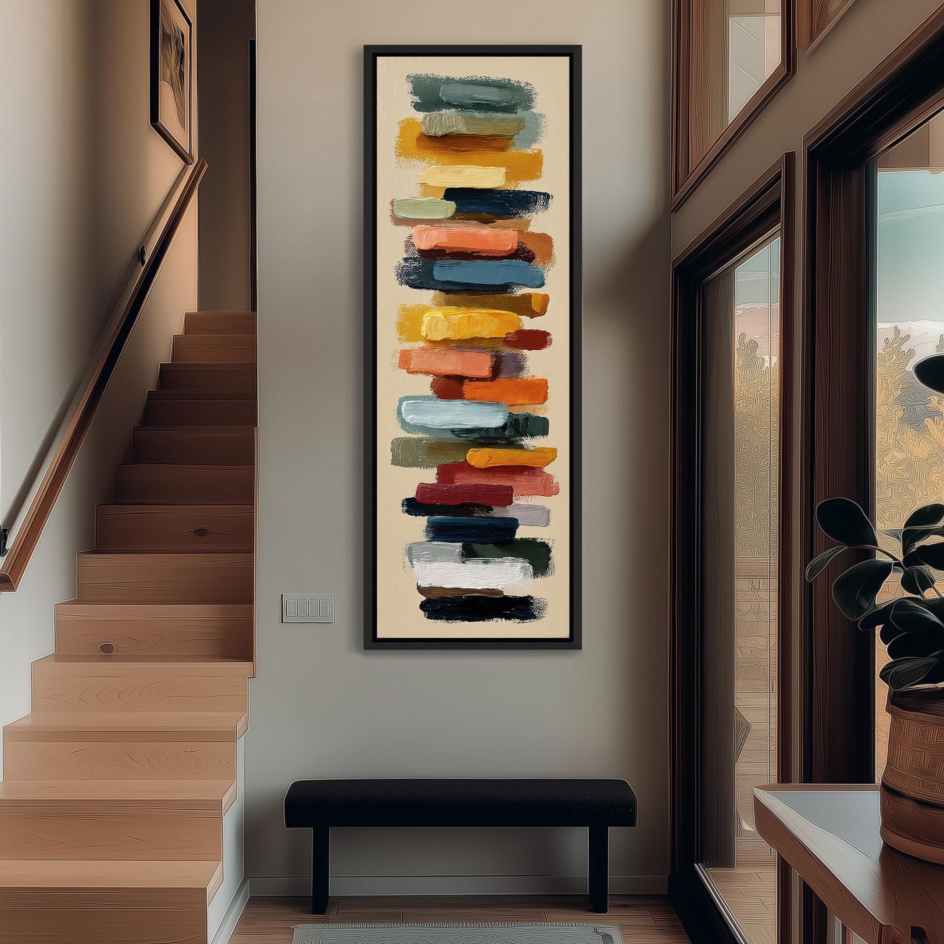 a hallway with a large abstract painting hanging on the wall, depicting a series of colorful brushstrokes. The hallway has wooden stairs leading up to a door, and there is a bench in the foreground. The painting is the focal point of the space, drawing attention to its vibrant colors and dynamic composition.