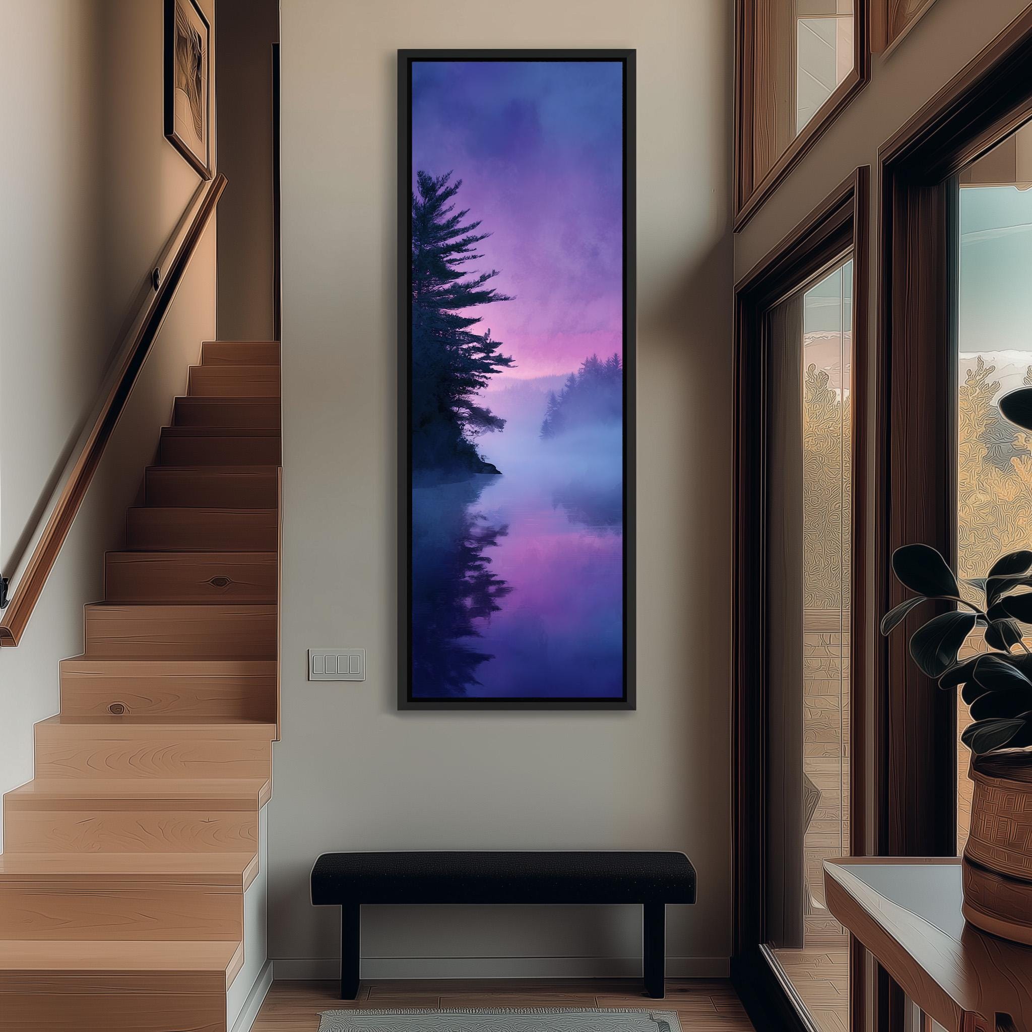 a large, framed painting of a serene landscape with a tree and a body of water, hanging on a wall in a hallway. The painting has a purple and blue color scheme, creating a calming and peaceful atmosphere. The hallway is well-lit, with a wooden staircase leading up to the painting, and a bench is placed in front of the painting, providing a comfortable spot to sit and appreciate the artwork.