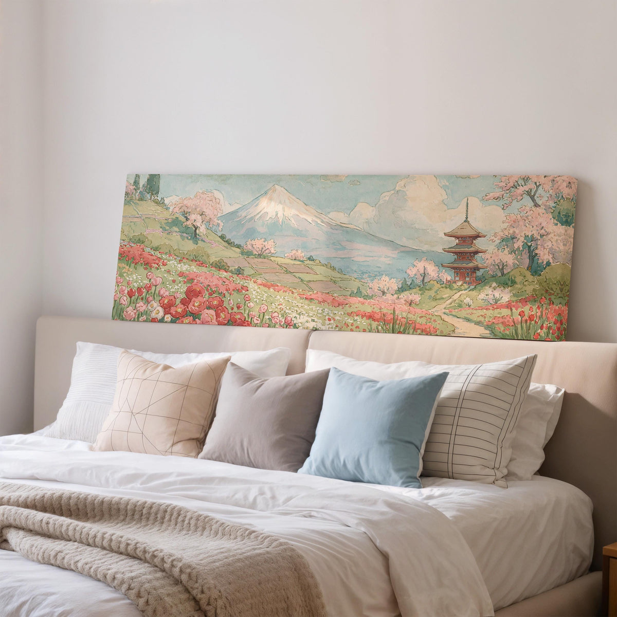 Mount Fuji with sakura and a pagoda wide panoramic canvas print above a bed in a bedroom