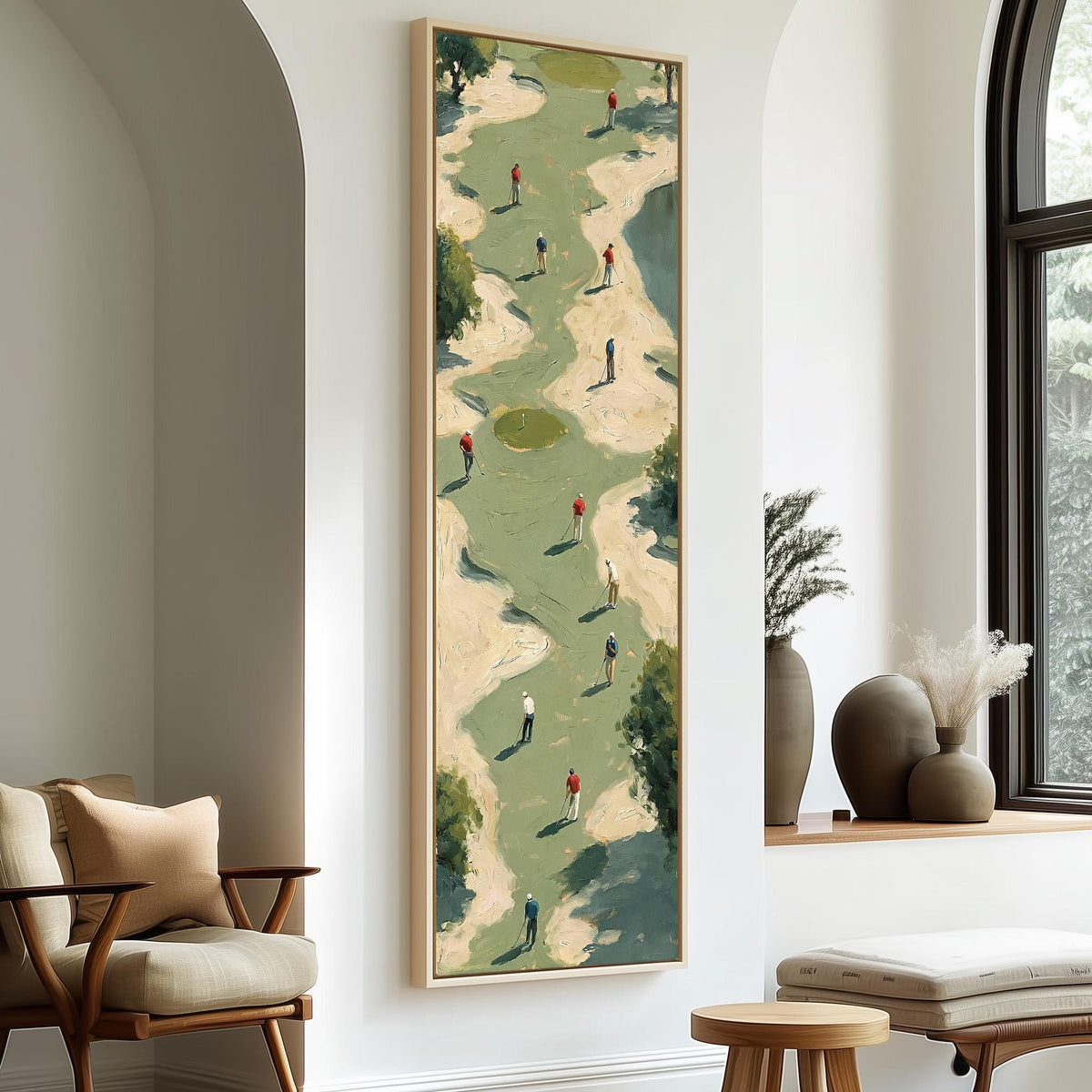 Golfers among sand bunkers seen from above long vertical canvas print in a sunlit living space