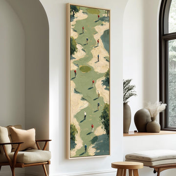 Golfers among sand bunkers seen from above long vertical canvas print in a sunlit living space