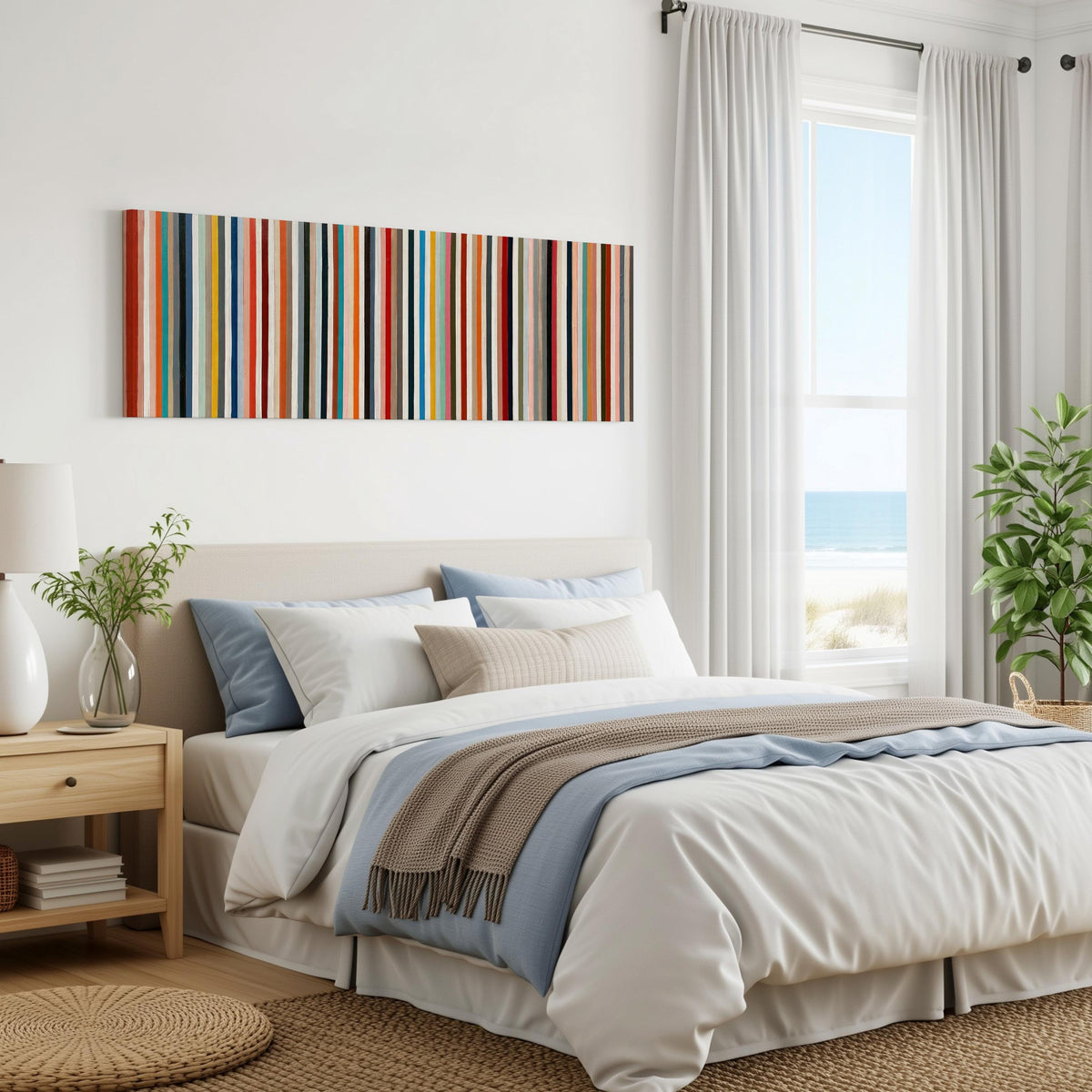 Rainbow pinstripes panoramic canvas print above a bed in a coastal bedroom