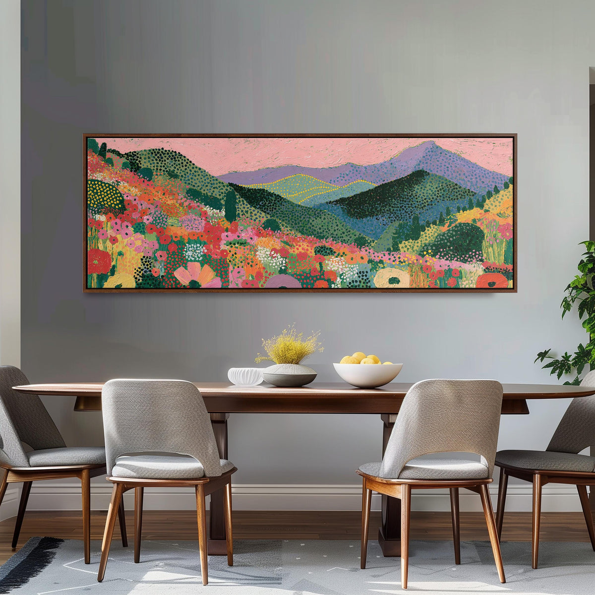 Purple mountains over a flower meadow long horizontal canvas print above a dining table
