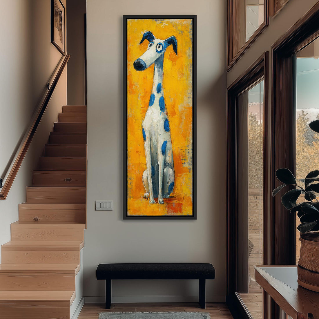 a large, colorful painting of a dog hanging on the wall in a hallway.