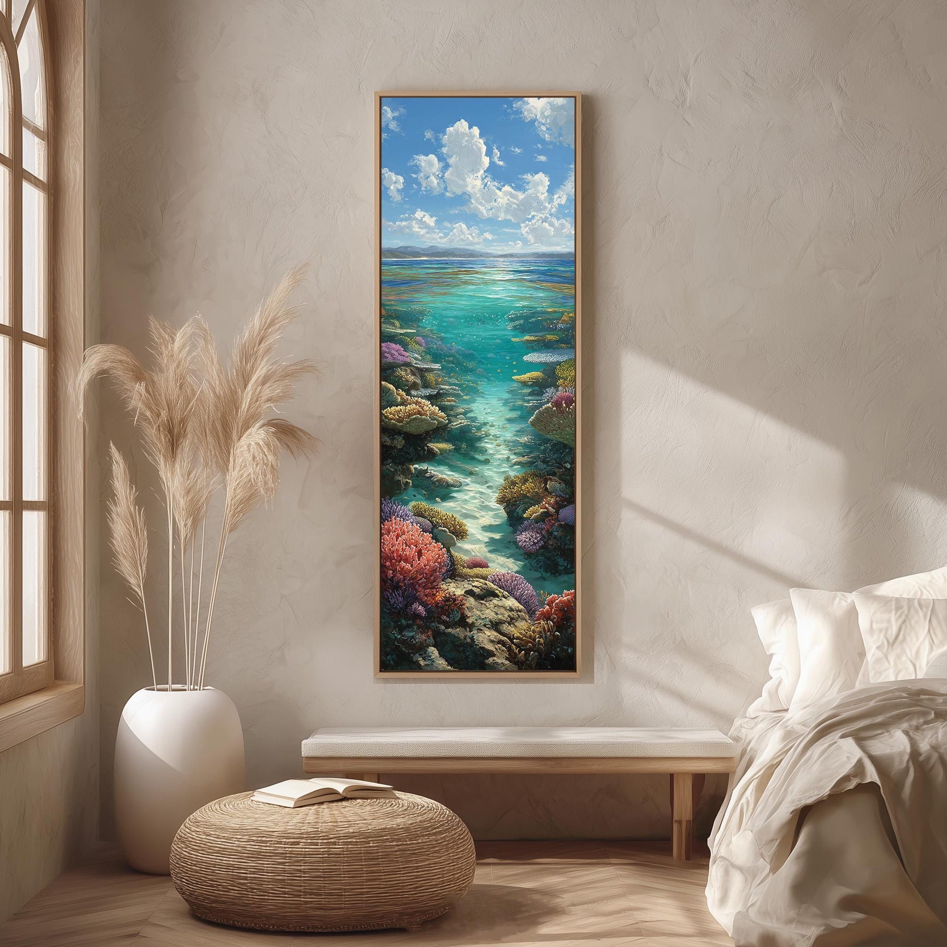a large painting of a seascape hanging on a wall, with a window and a bed in the foreground.