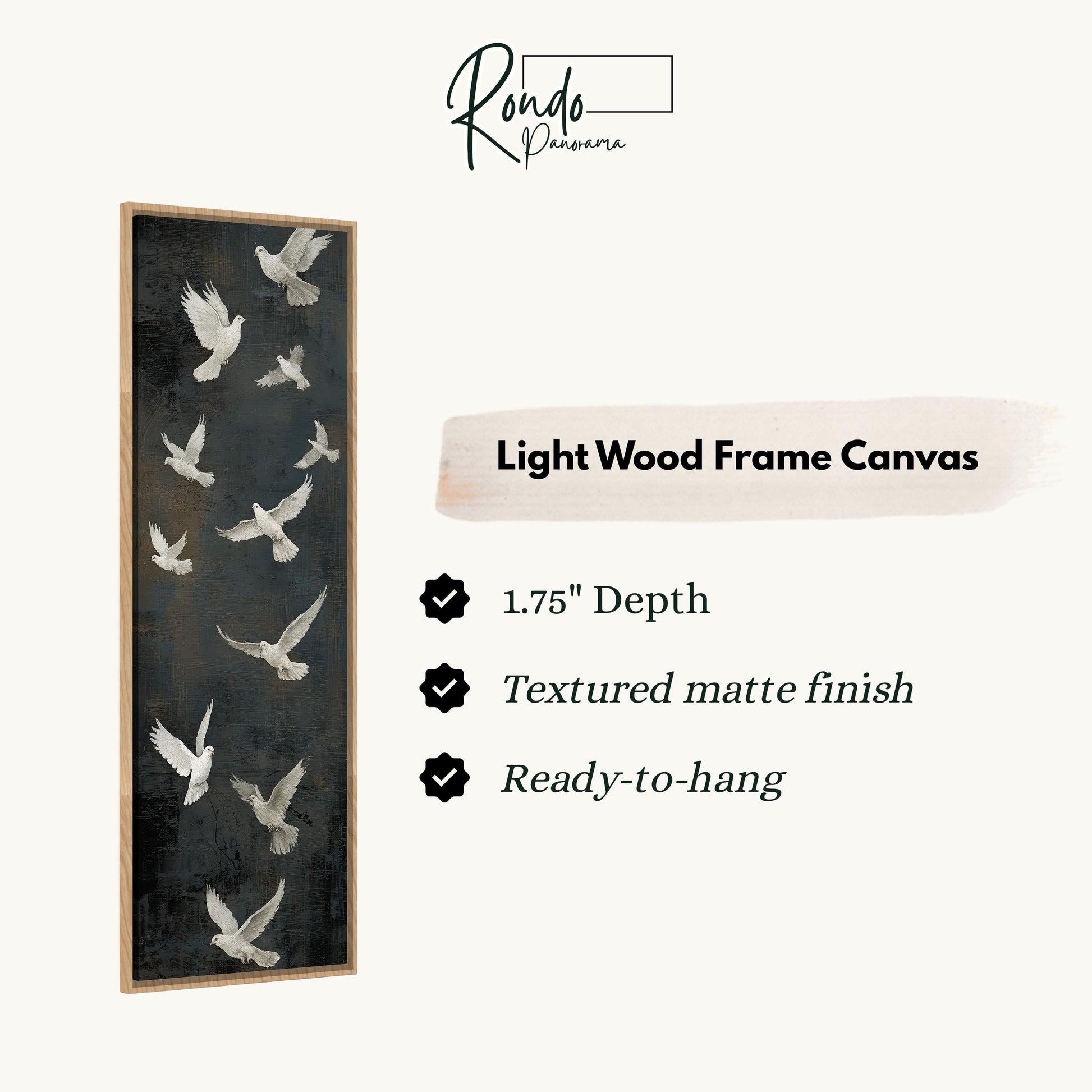 The image is a light wood frame canvas featuring a black background with white silhouettes of birds in flight.
