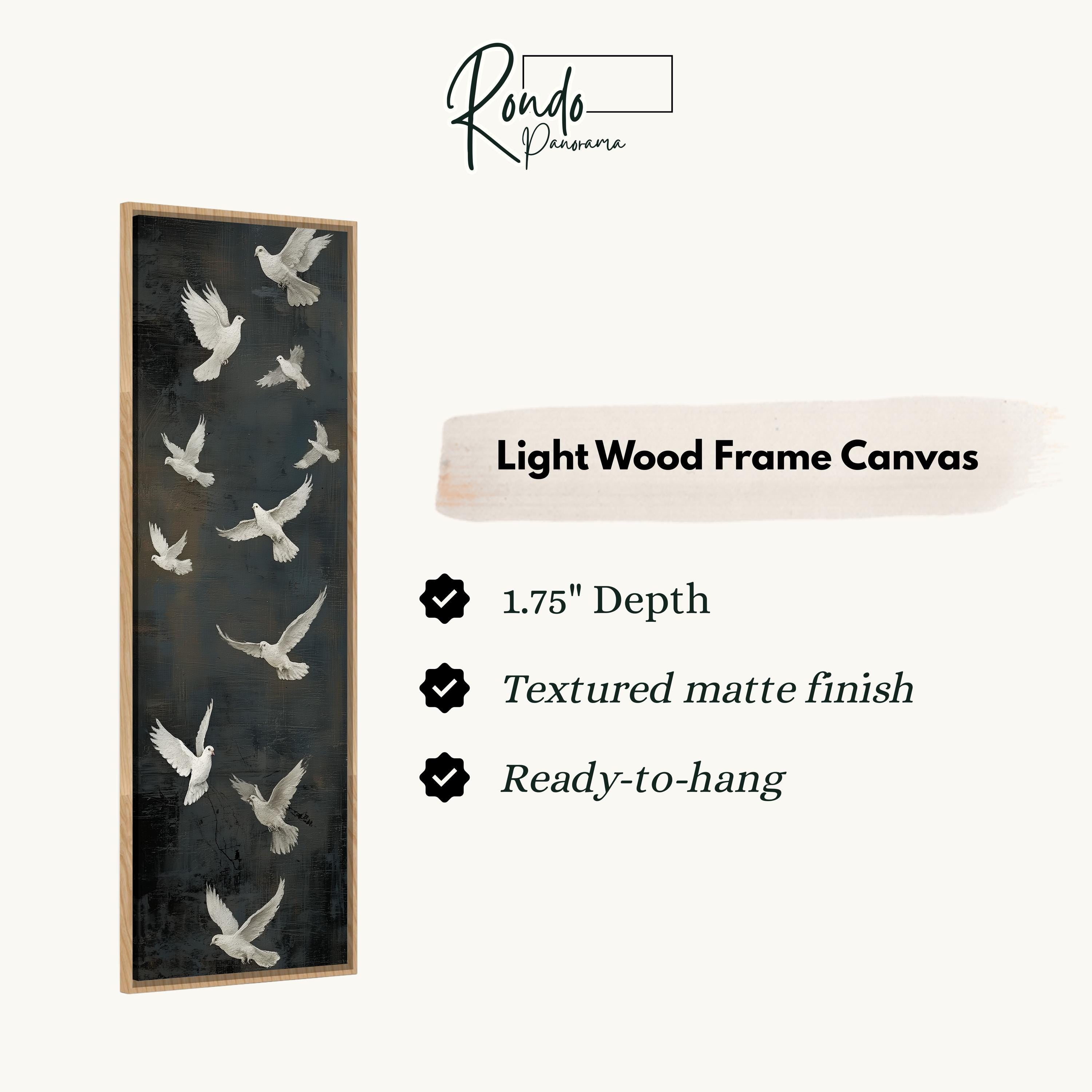 The image is a light wood frame canvas featuring a black background with white silhouettes of birds in flight.
