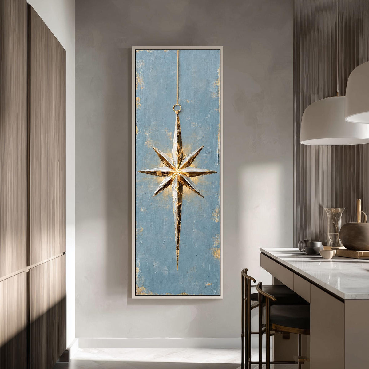 Gold and silver star ornament on blue tall skinny canvas print in a modern kitchen