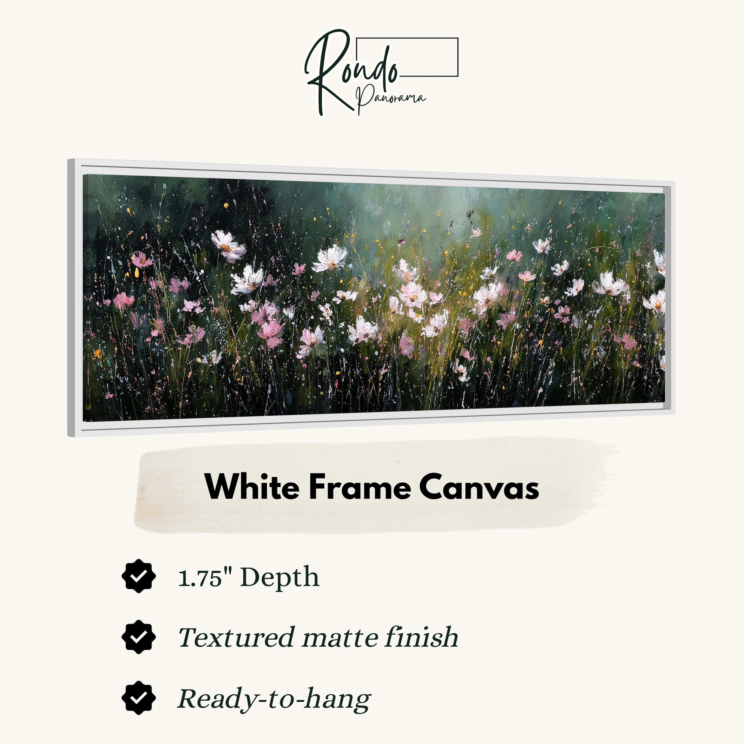 The image is a white frame canvas depicting a field of flowers with a textured matte finish.
