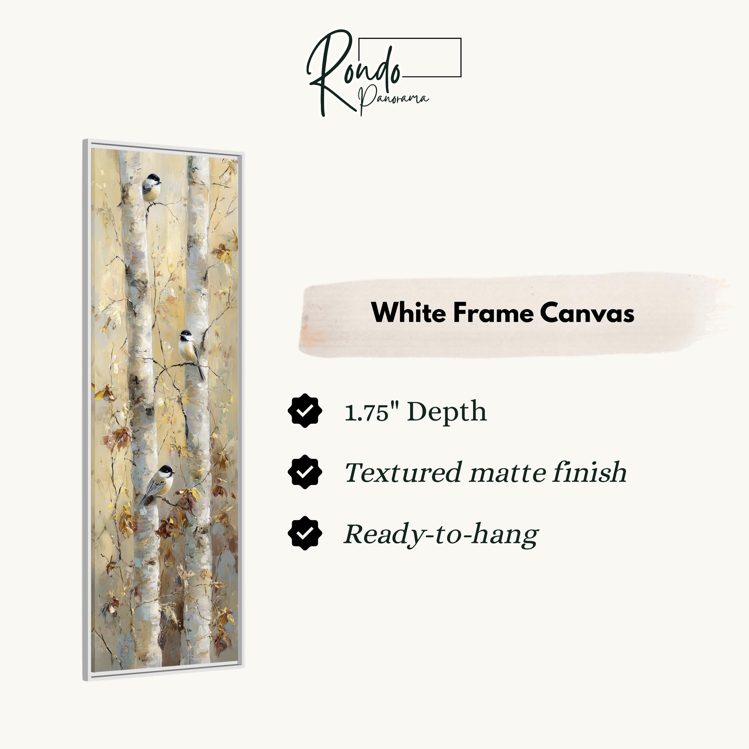 The image is a white frame canvas featuring a painting of birch trees with yellow leaves.